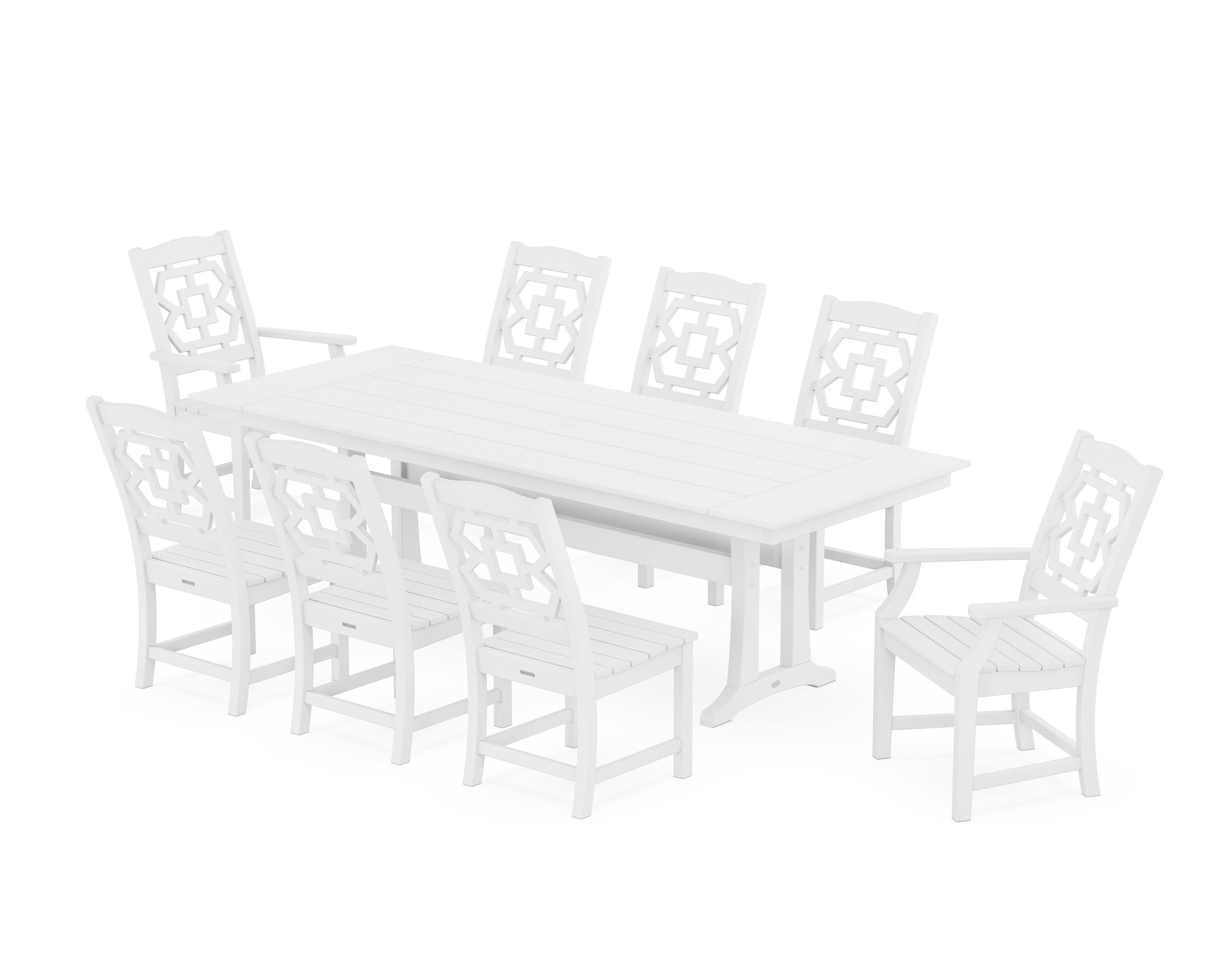 Chinoiserie 9-Piece Farmhouse Dining Set with Trestle Legs in White