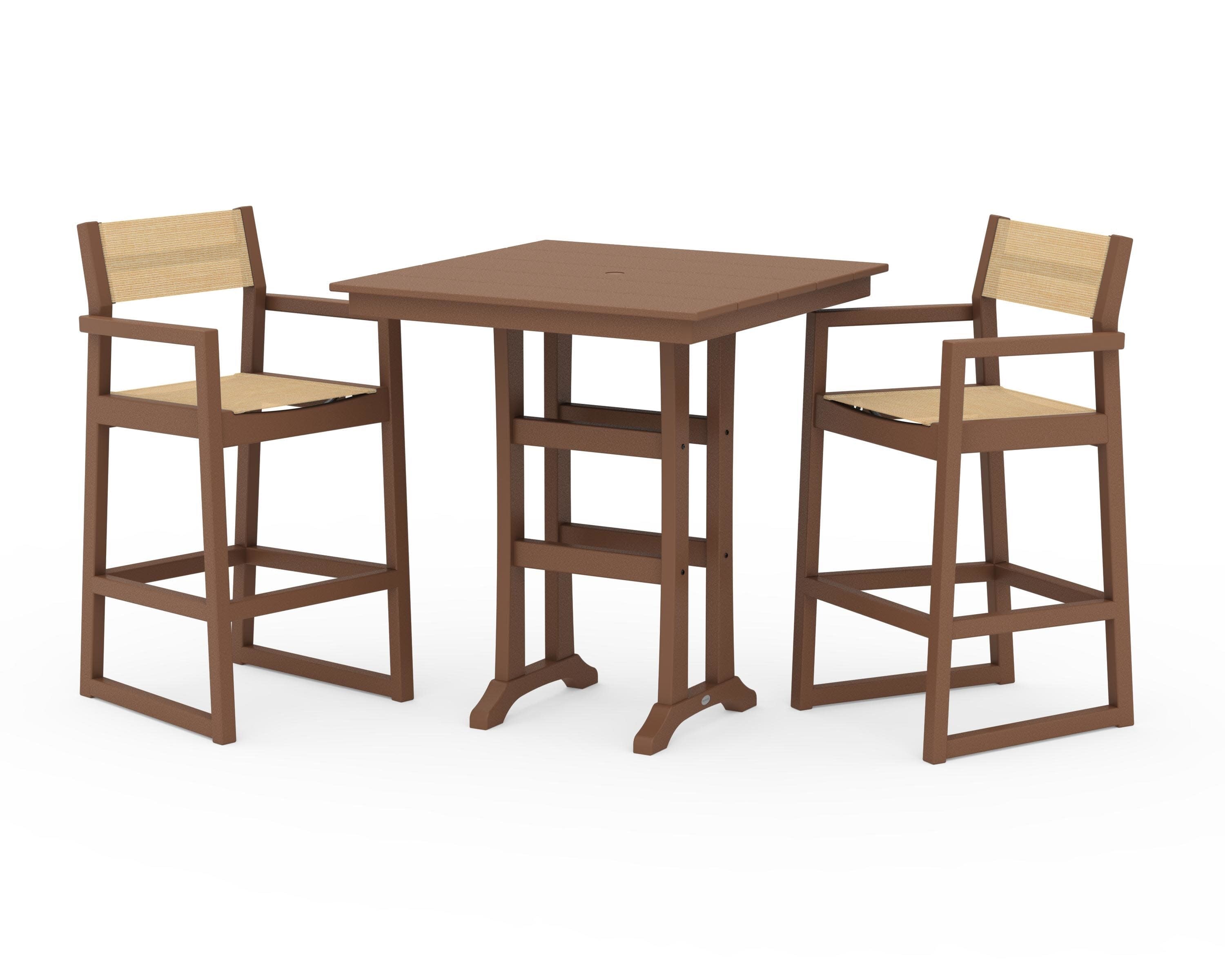 EDGE Sling Arm Chair 3-Piece Farmhouse Bar Set with Trestle Legs in Teak / Dupioni Apricot Sling