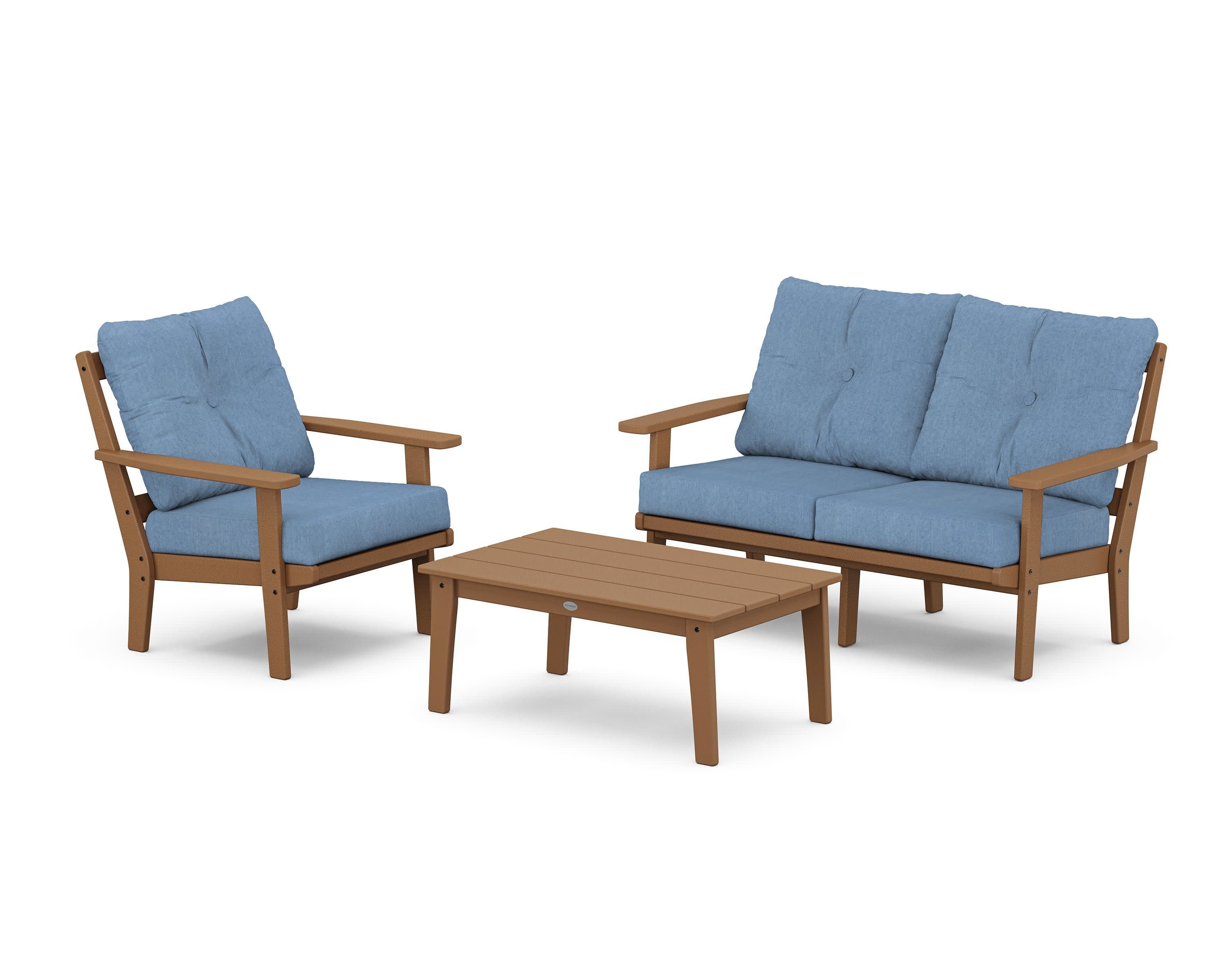 Oxford 3-Piece Deep Seating Set with Loveseat in Teak / Sky Blue
