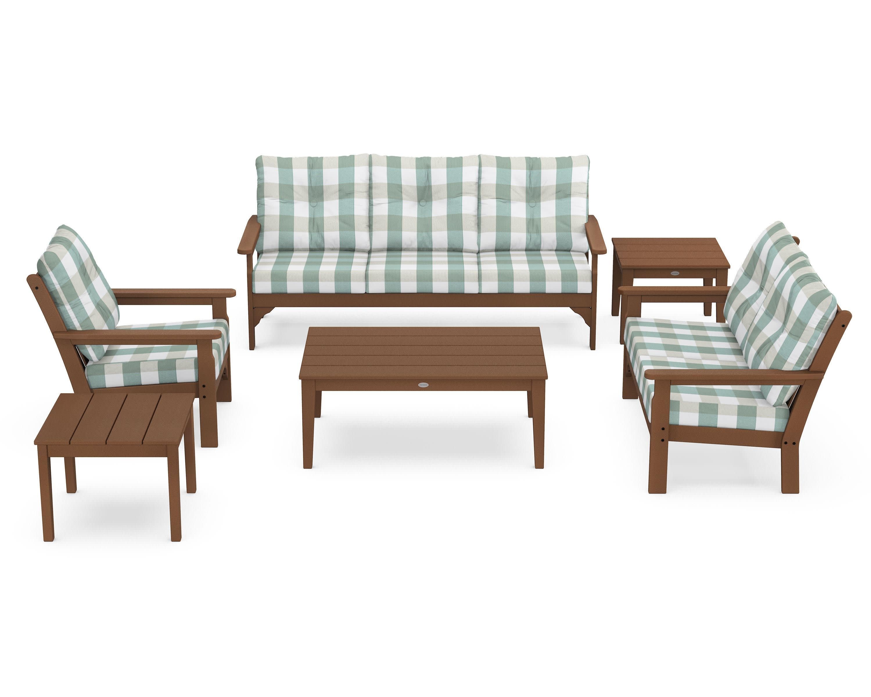 Vineyard 6-Piece Deep Seating Set in Teak / Buffalo Plaid Glacier Spa
