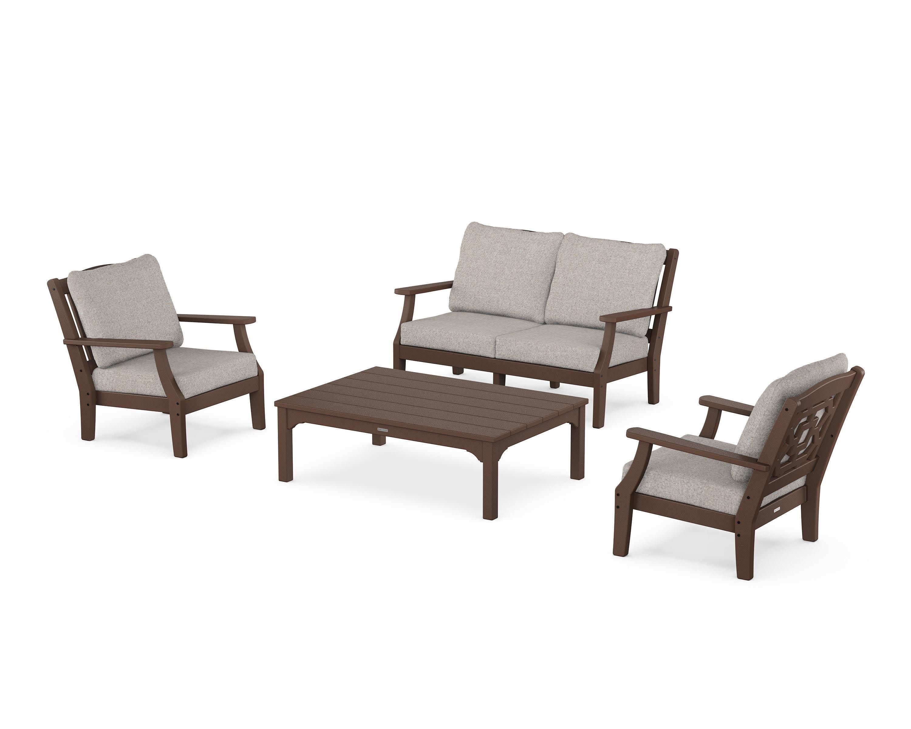 Chinoiserie 4-Piece Deep Seating Set with Loveseat in Mahogany / Weathered Tweed