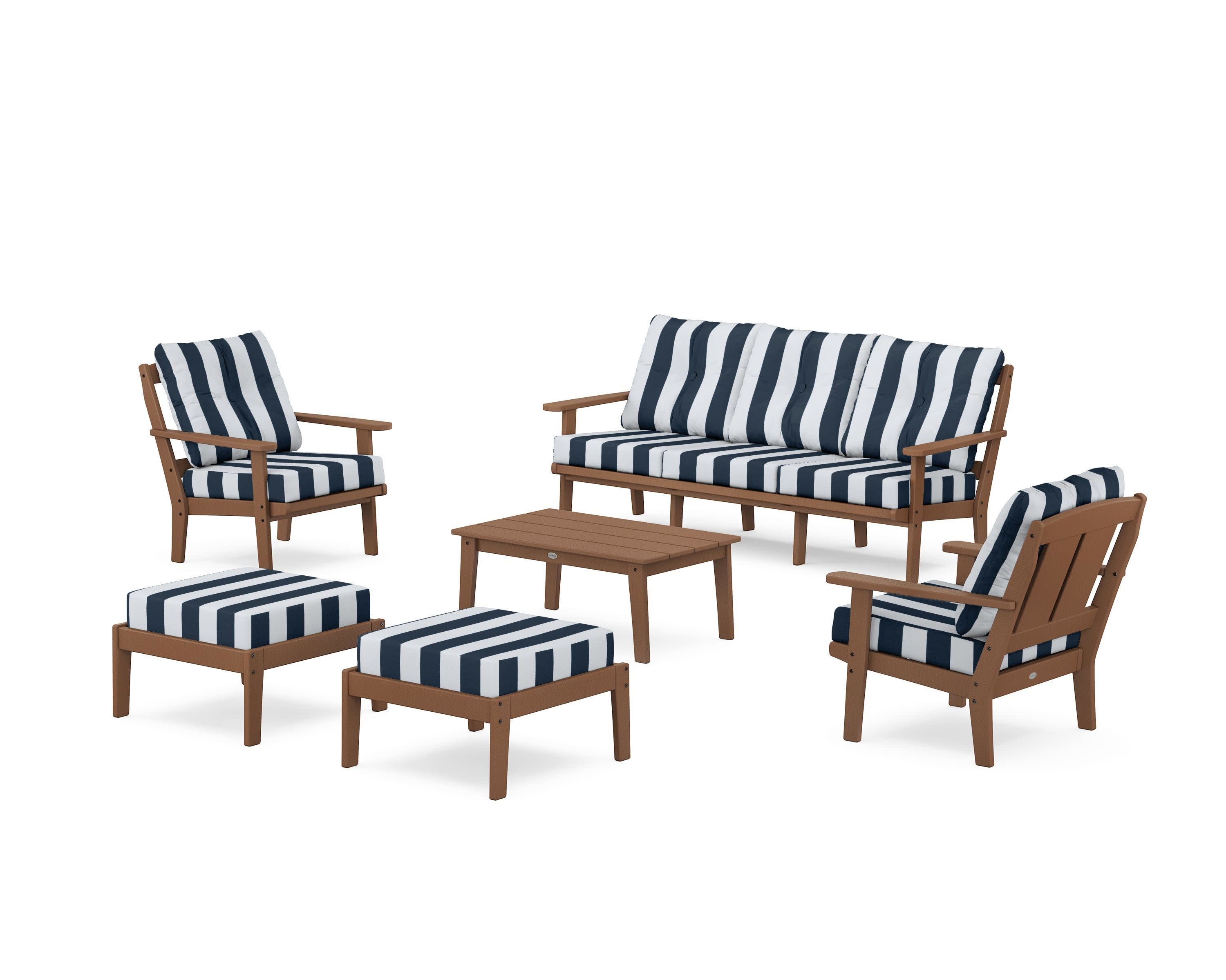 Mission 6-Piece Lounge Sofa Set in Teak / Cabana Stripe Marine Indigo