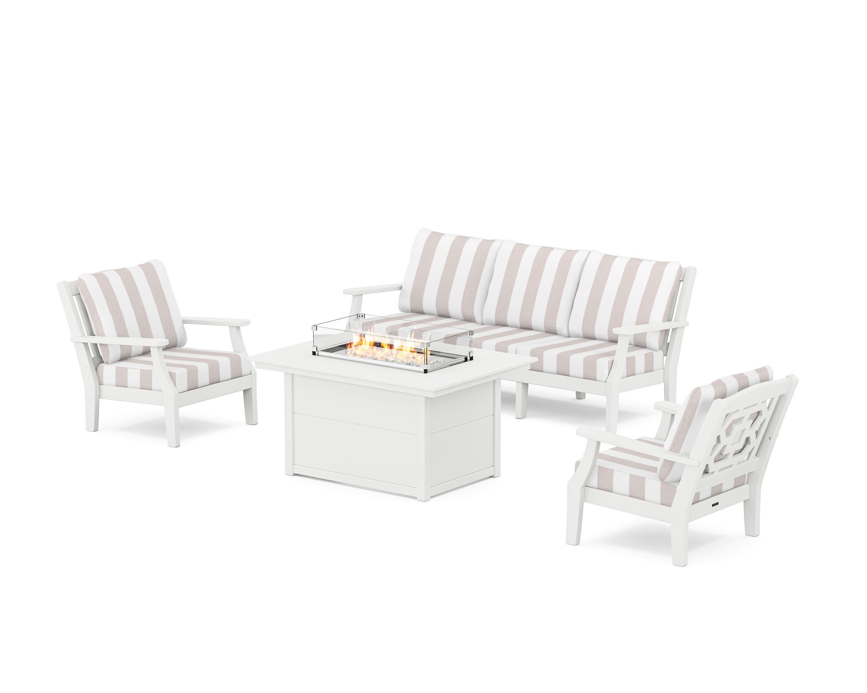 Chinoiserie Deep Seating Fire Pit Table Set in White / Cabana Stripe Dune Burlap
