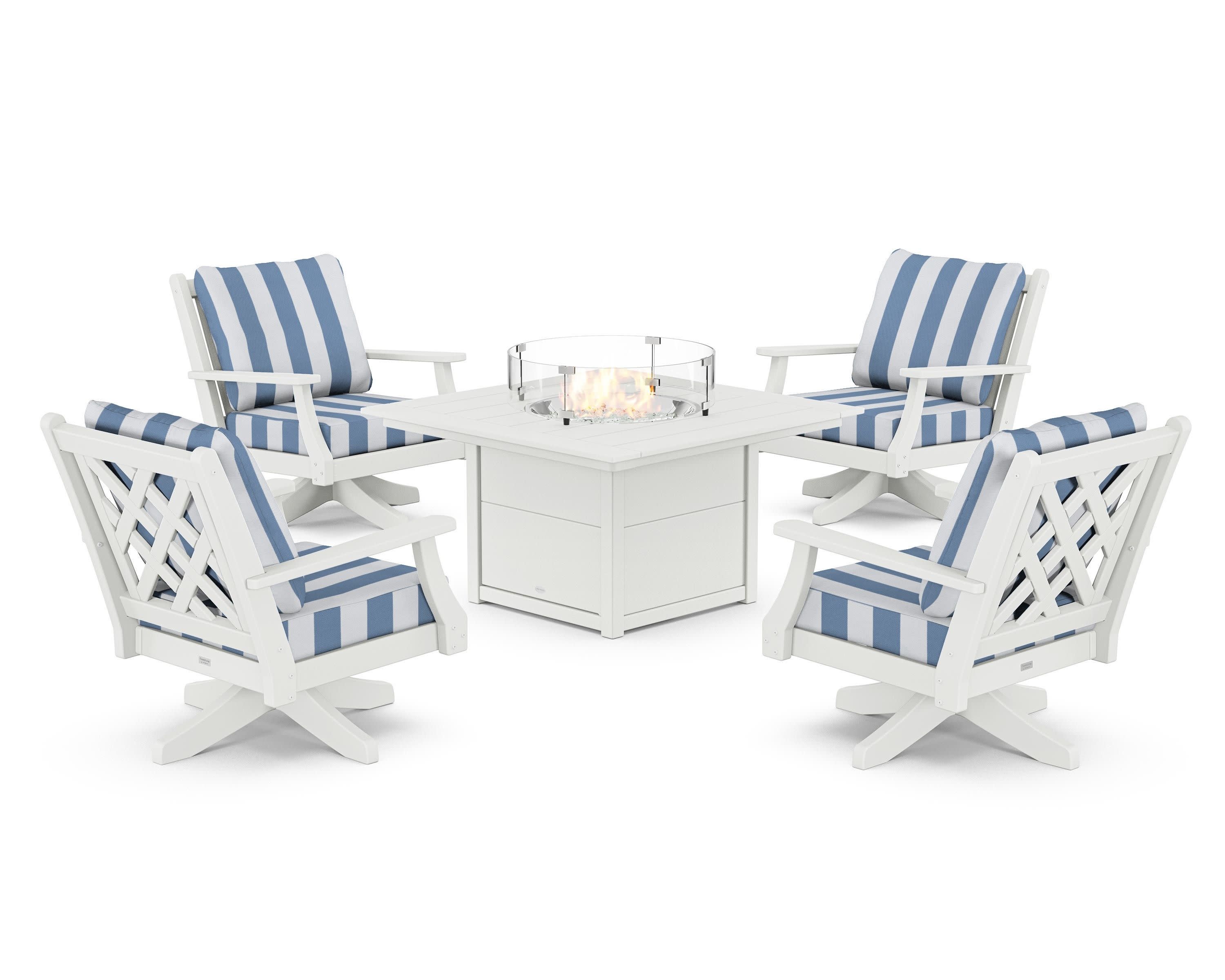 Wovendale 5-Piece Deep Seating Swivel Conversation Set with Fire Pit Table in White / Cabana Stripe Sky Blue