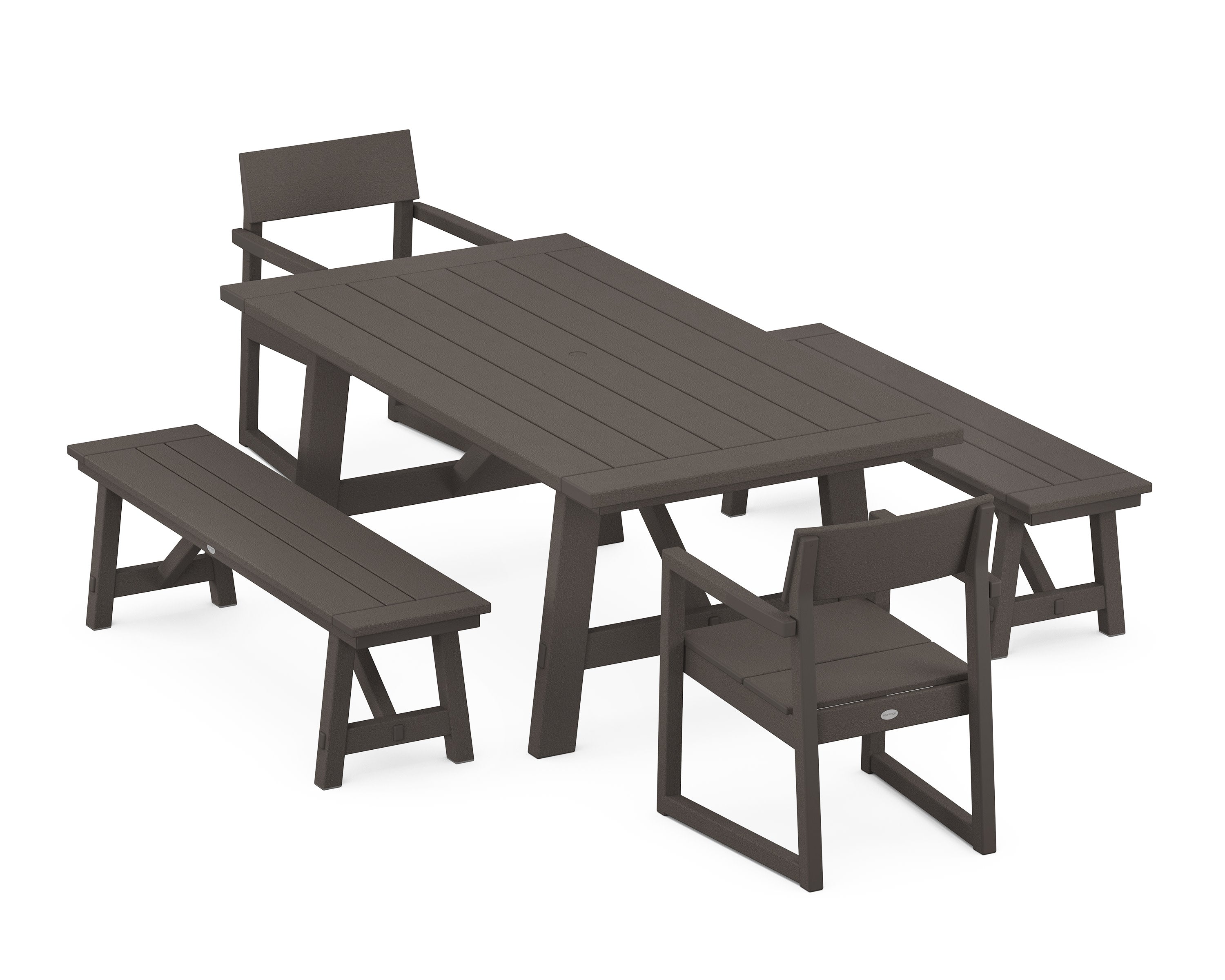 EDGE 5-Piece Rustic Farmhouse Dining Set With Benches in Vintage Coffee