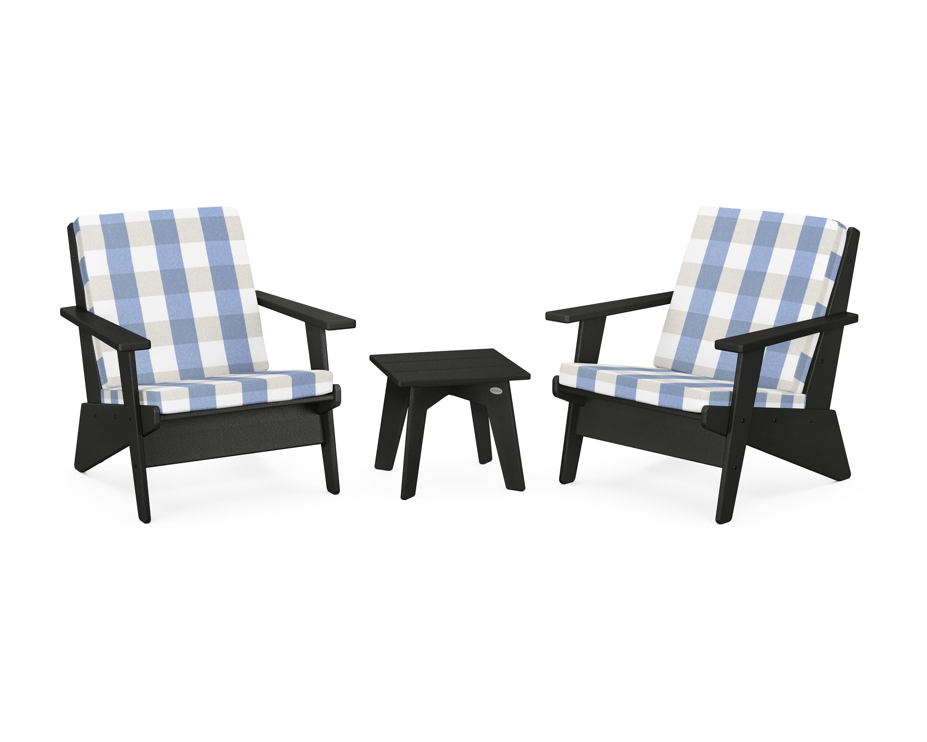 Riviera Modern Lounge 3-Piece Set in Black / Buffalo Plaid Sky Blue