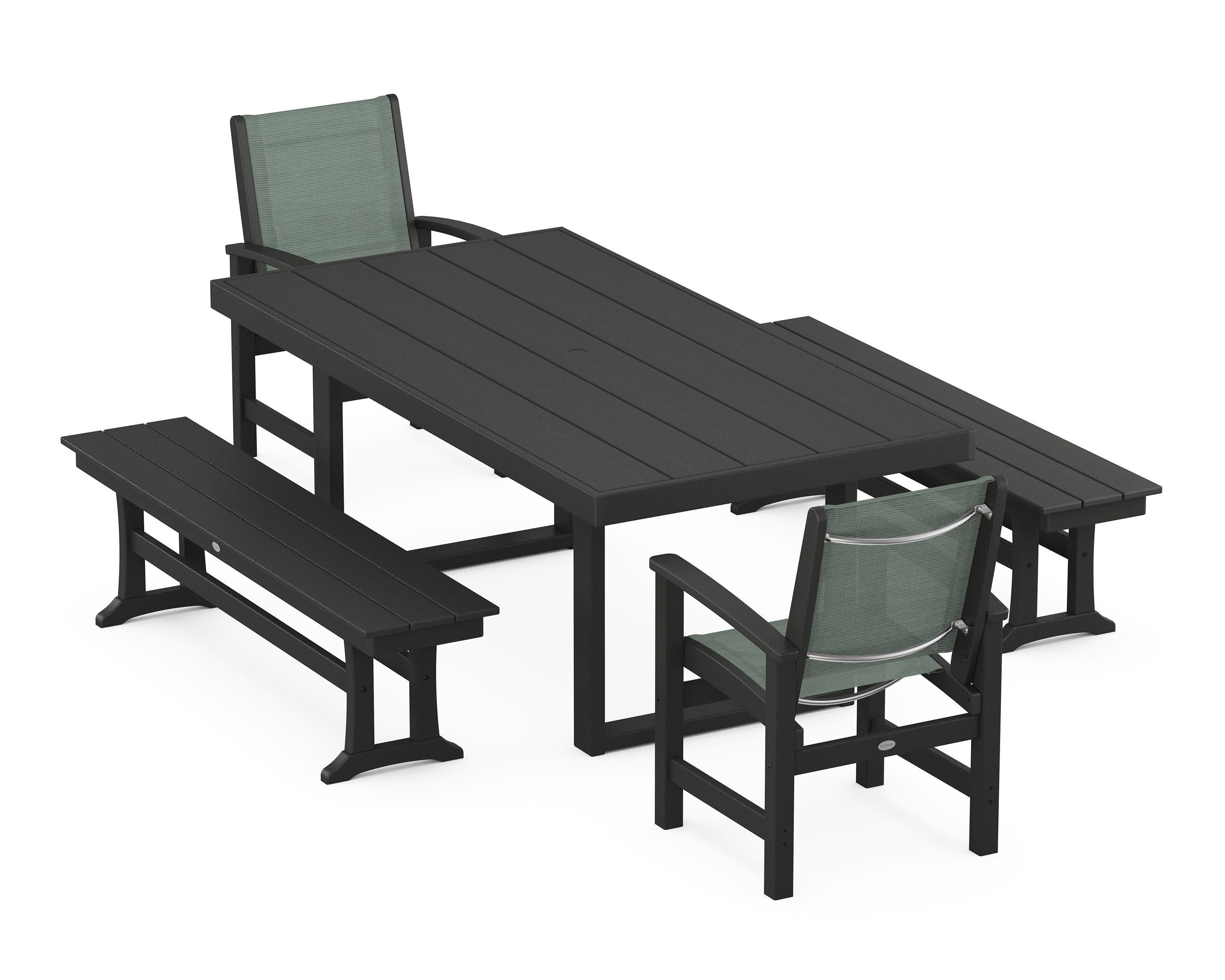 Coastal 5-Piece Dining Set with Trestle Legs in Black / Dupioni Sea Mist Sling