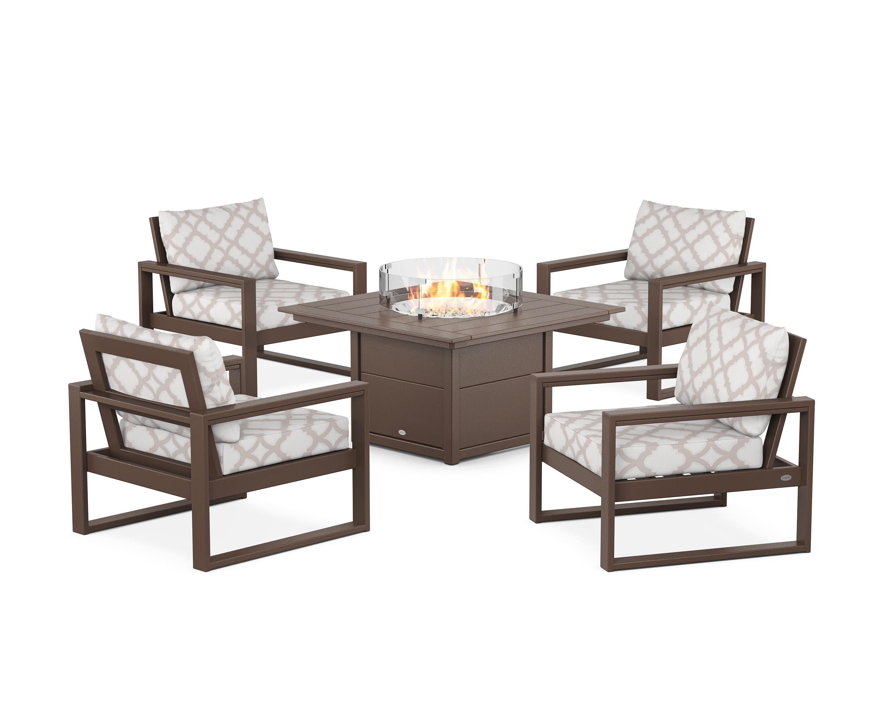 EDGE Sectional 5-Piece Deep Seating Set with Fire Pit Table in Mahogany / Trellis Dune Burlap