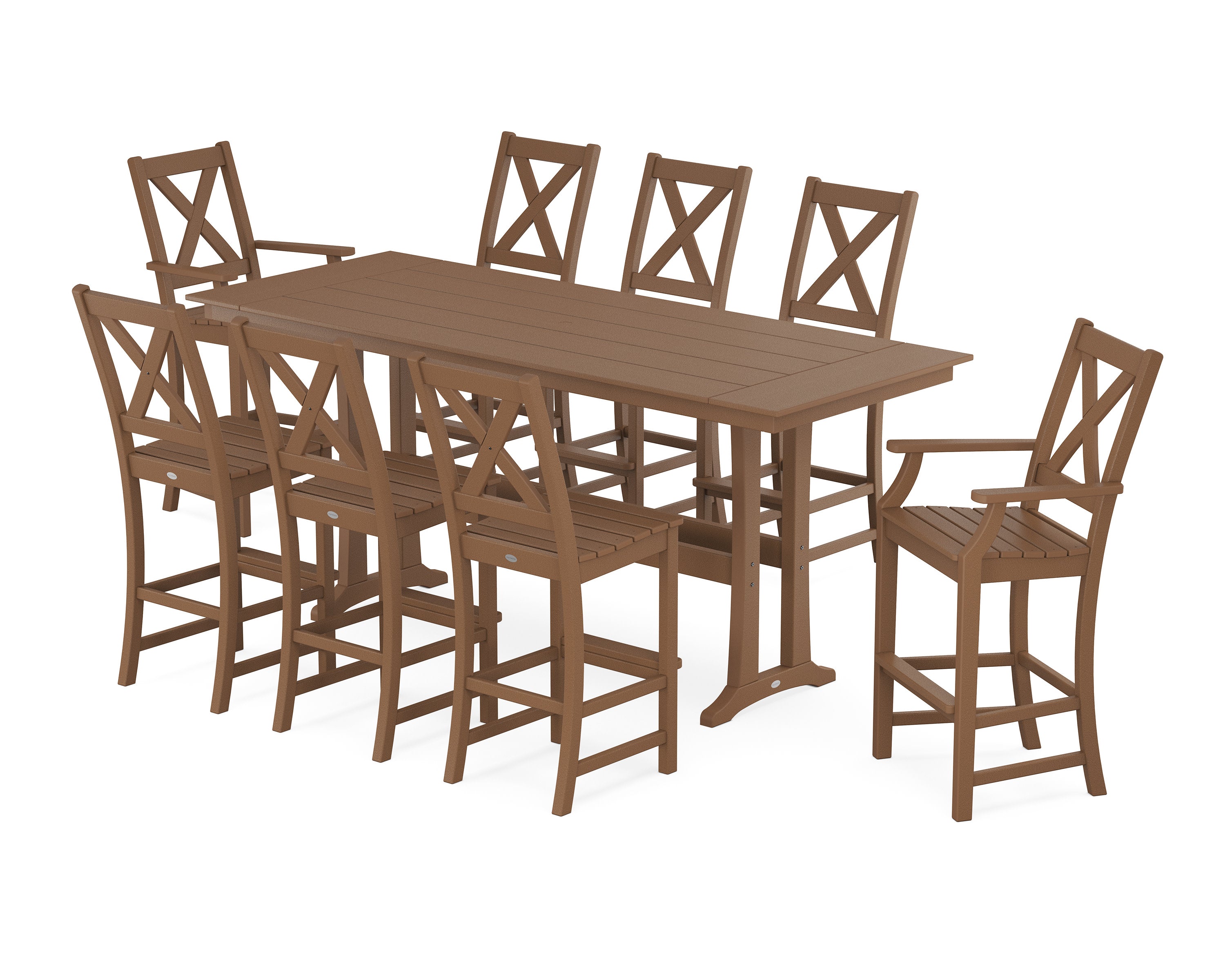 Braxton 9-Piece Farmhouse Bar Set with Trestle Legs in Teak