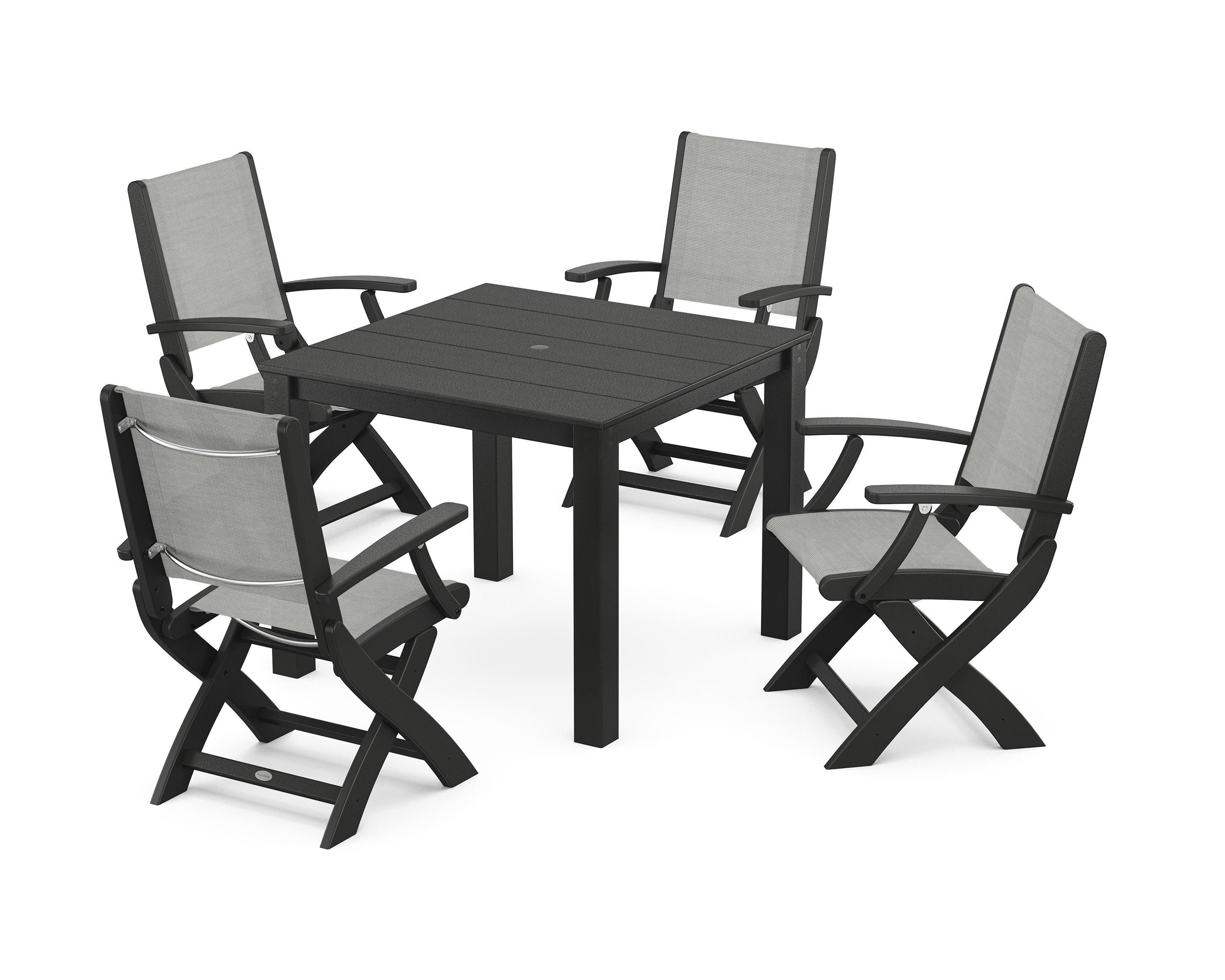 Coastal Folding Chair 5-Piece Parsons Dining Set in Black / Metallic Sling