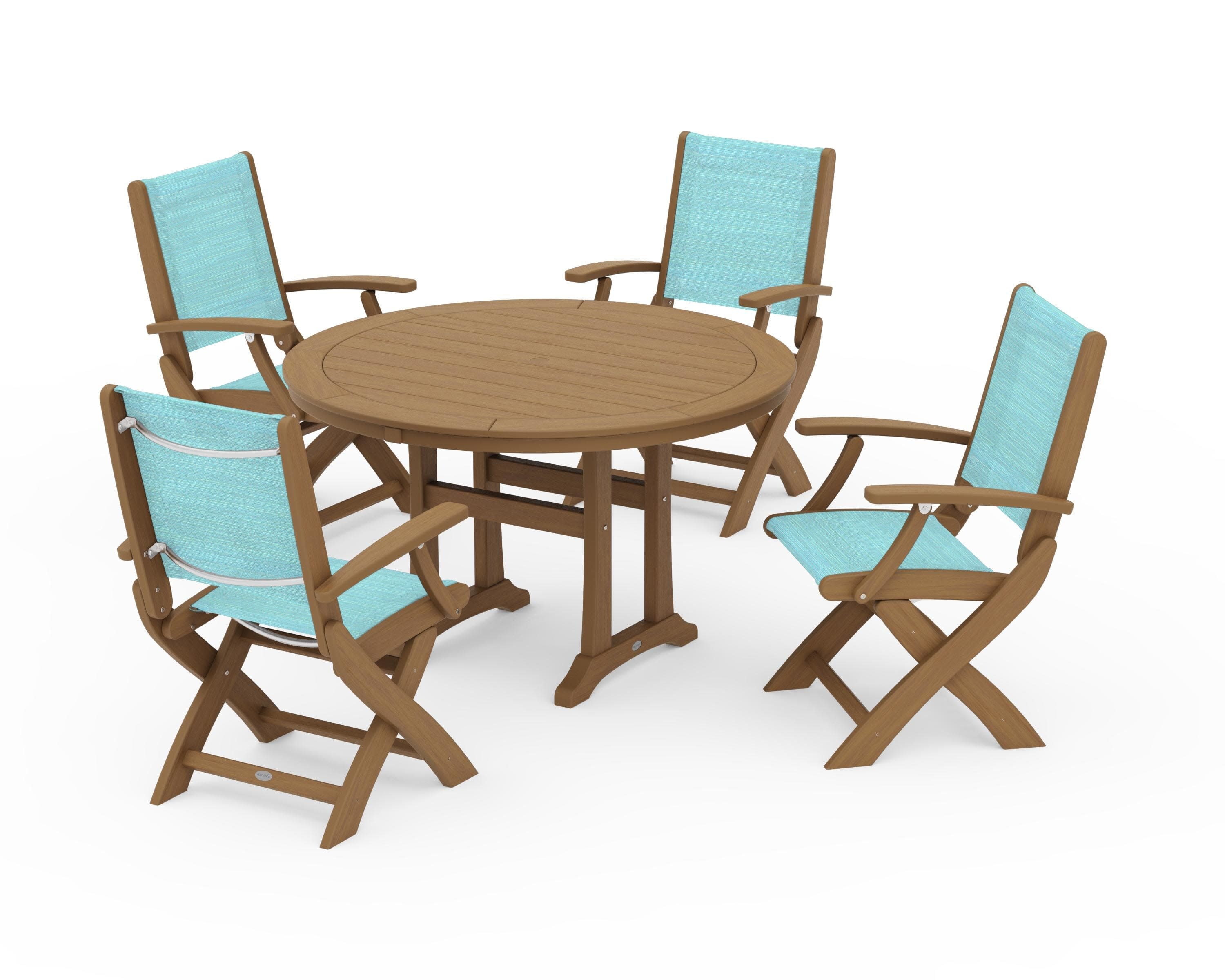 Coastal Folding Chair 5-Piece Round Dining Set with Trestle Legs in Natural / Dupioni Aquamarine Sling