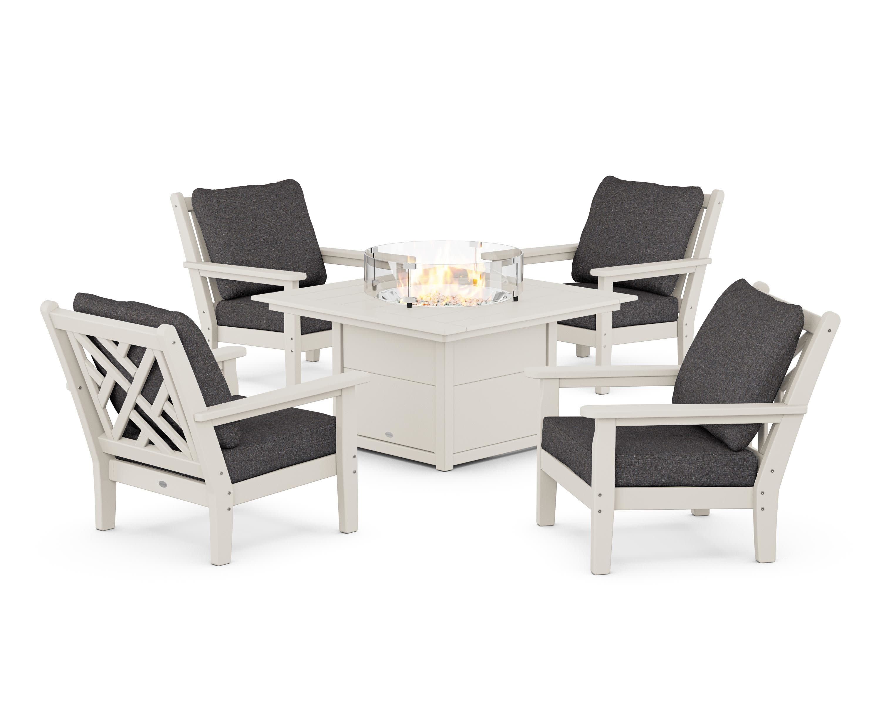 Chippendale 5-Piece Deep Seating Set with Fire Pit Table in Sand / Ash Charcoal