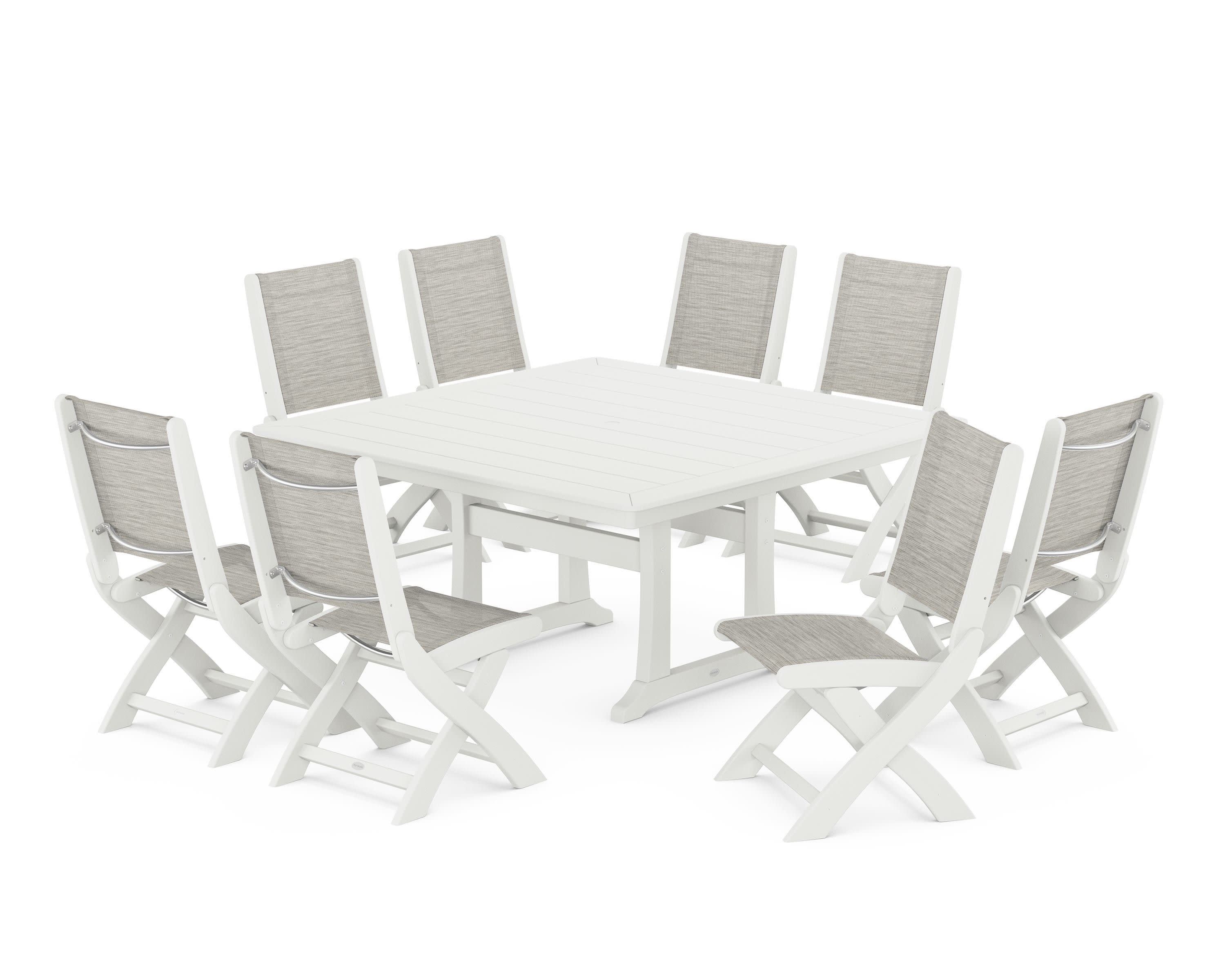 Coastal Folding Side Chair 9-Piece Dining Set with Trestle Legs in Vintage White / Birch Sling