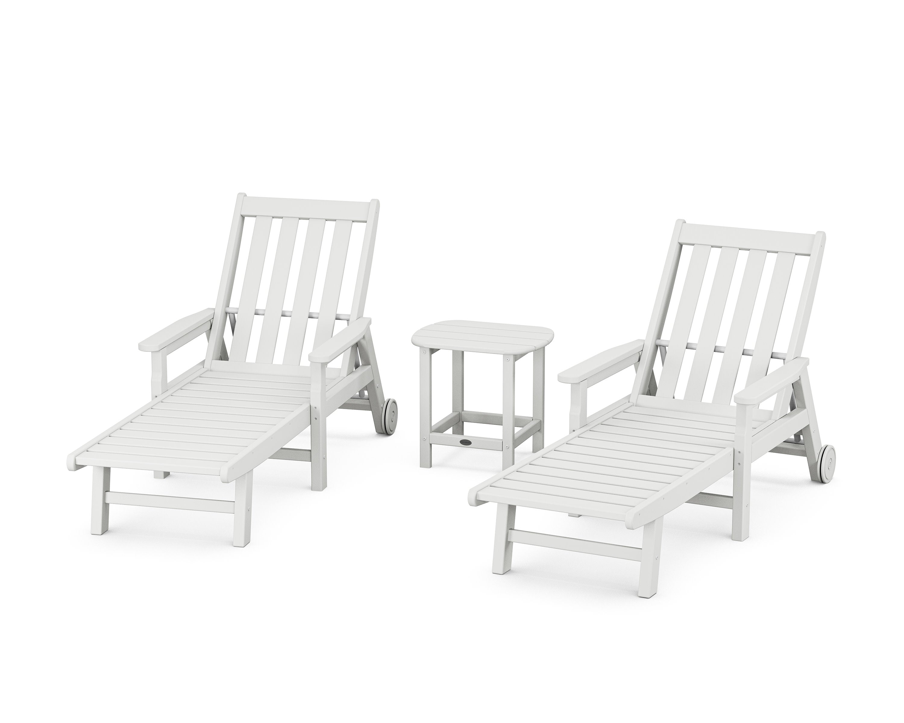 Vineyard 3-Piece Chaise with Arms and Wheels Set in White