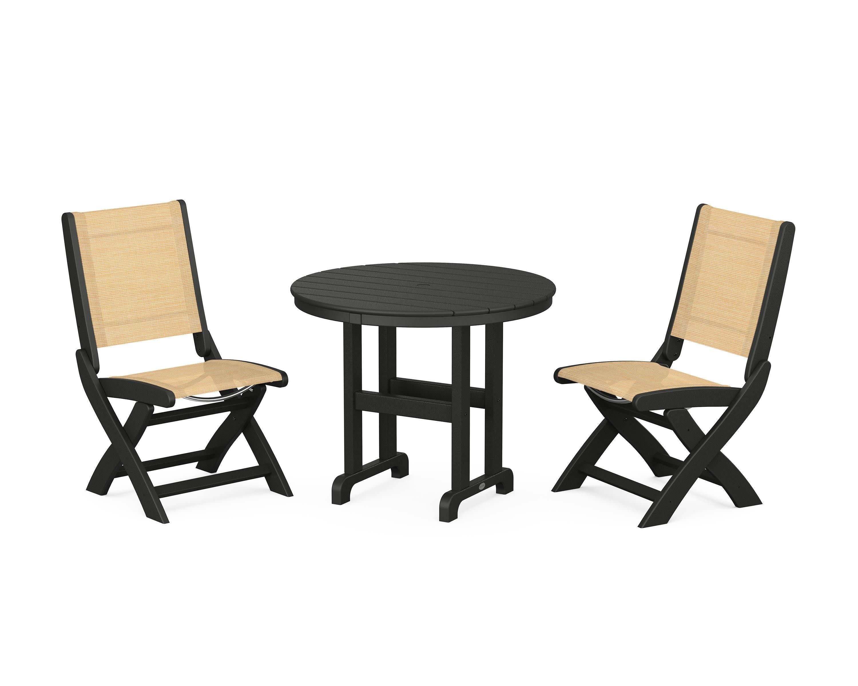 Coastal Folding Side Chair 3-Piece Round Dining Set in Black / Dupioni Apricot Sling