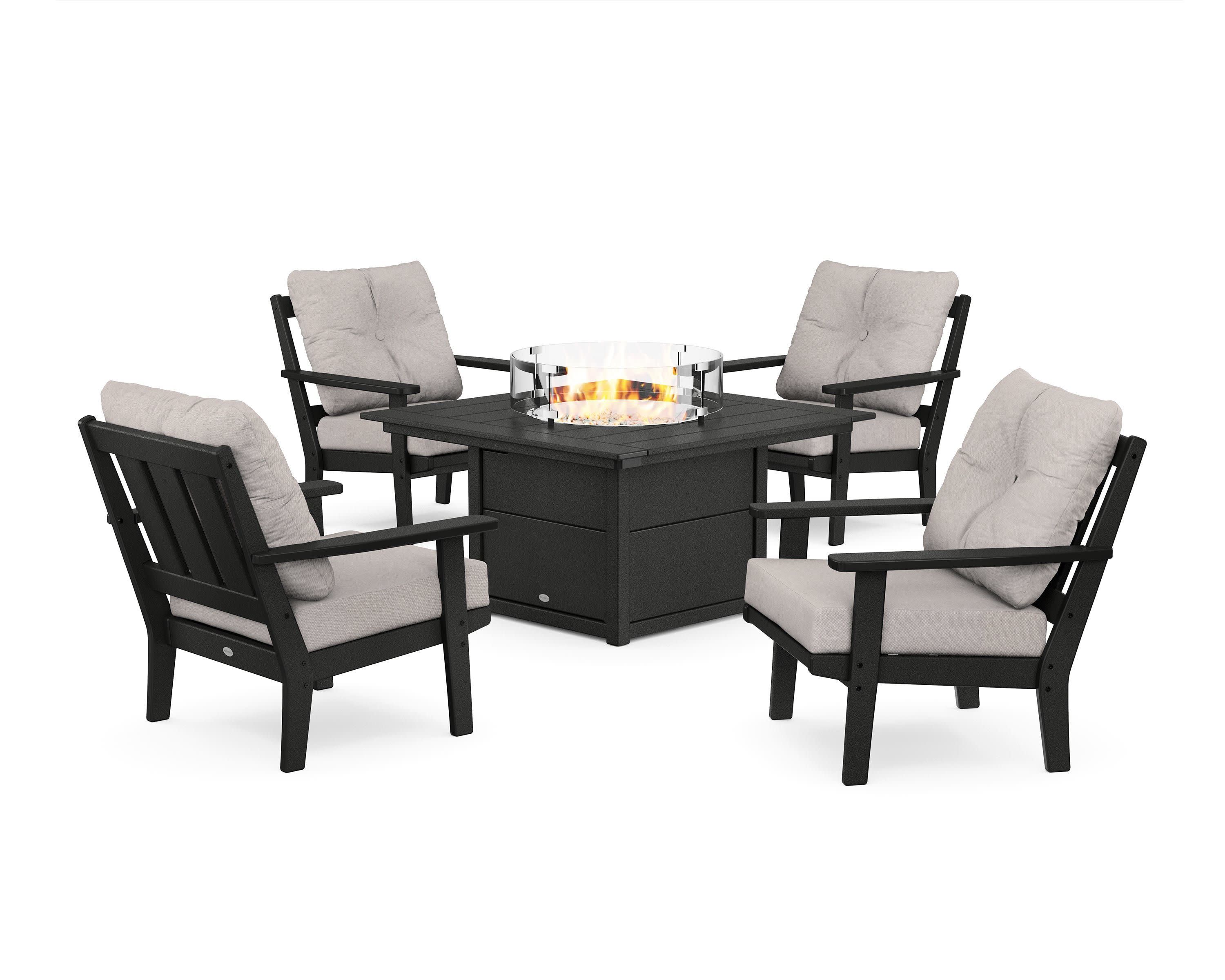 Oxford 5-Piece Deep Seating Set with Fire Pit Table in Black / Dune Burlap