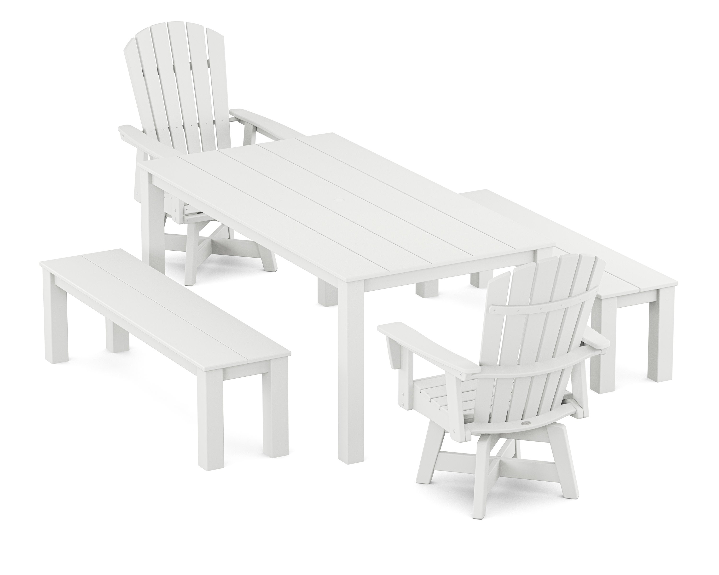 Nautical Curveback Adirondack Swivel 5-Piece Parsons Dining Set with Benches in White