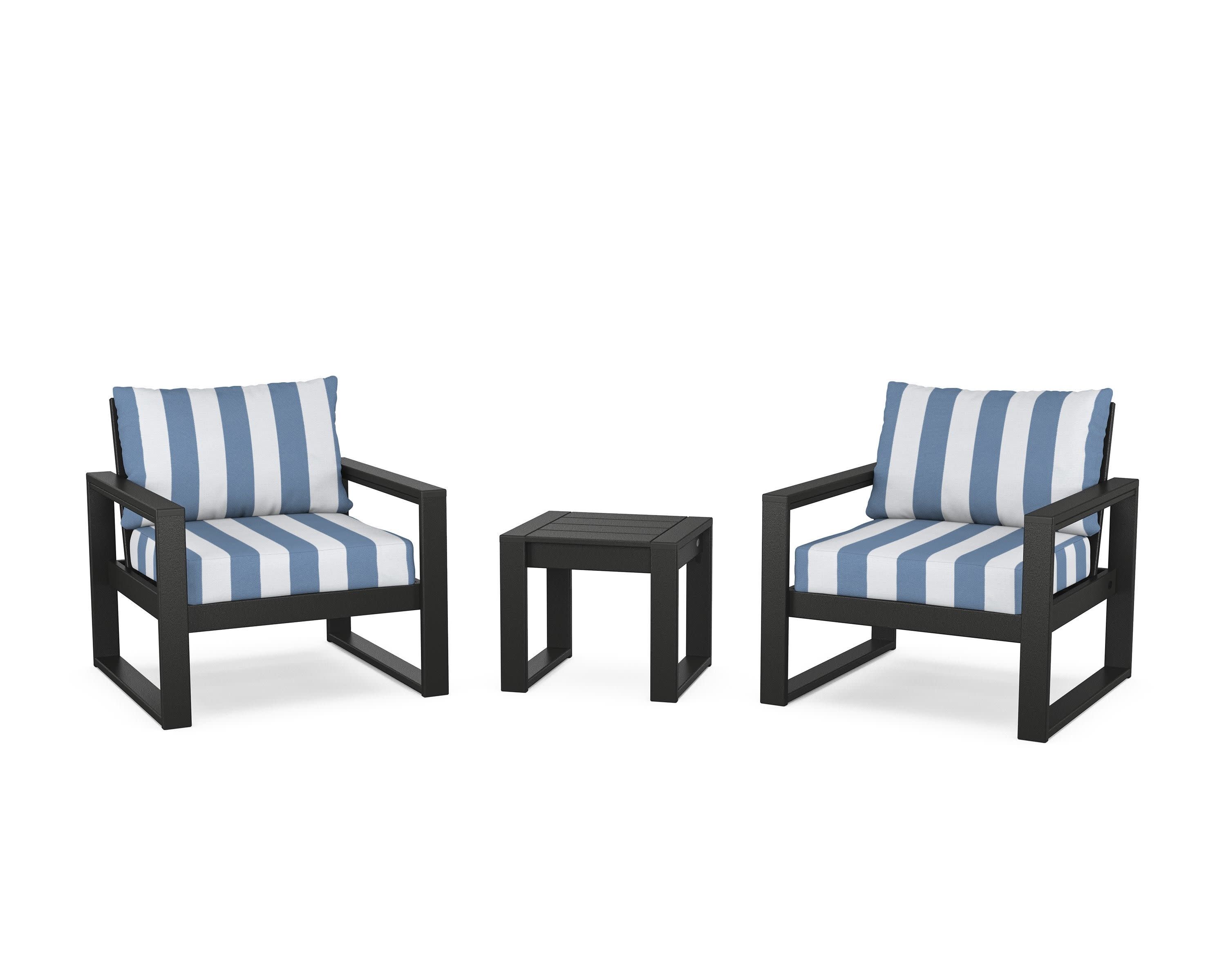 EDGE Sectional 3-Piece Deep Seating Set in Black / Cabana Stripe Sky Blue