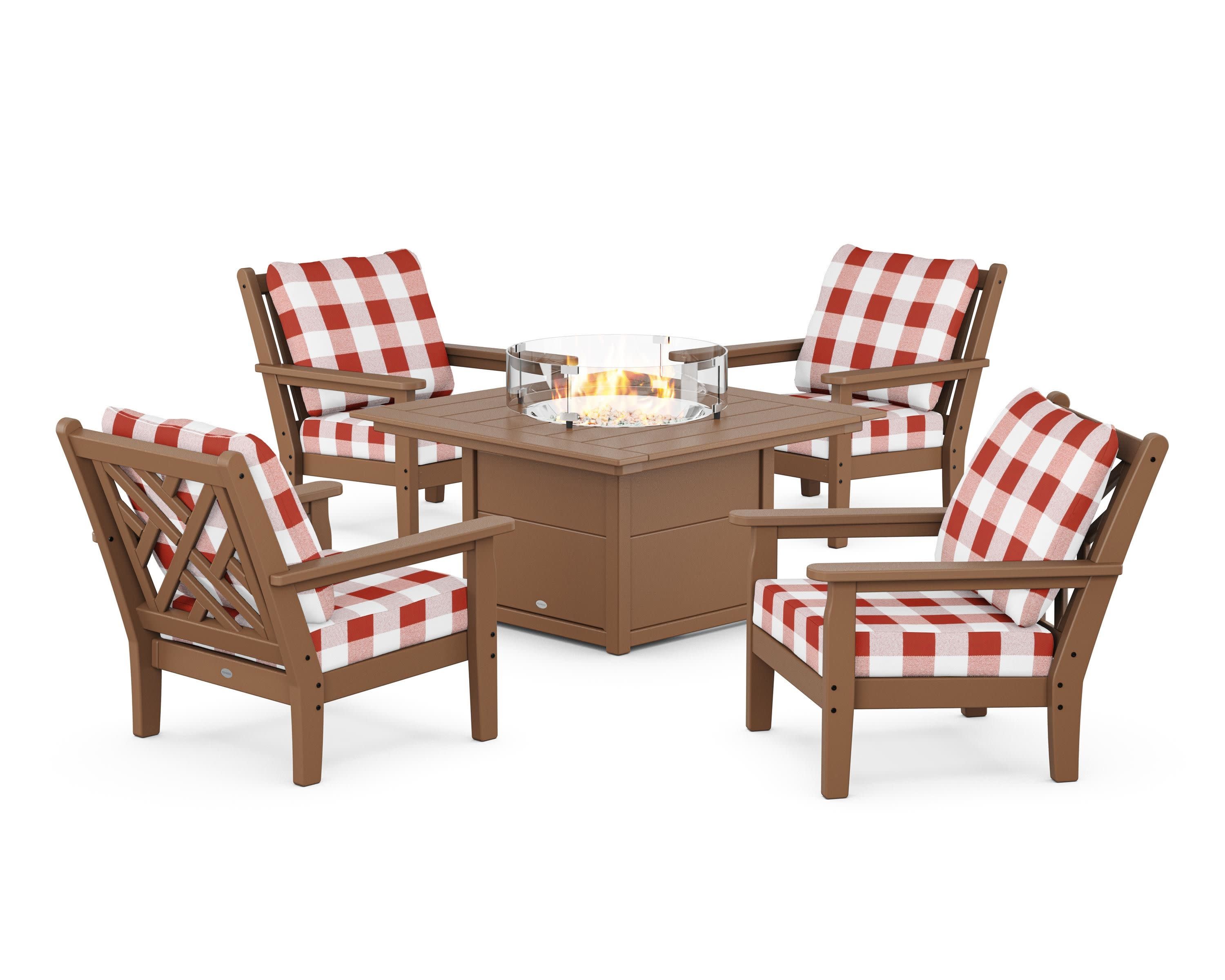 Chippendale 5-Piece Deep Seating Set with Fire Pit Table in Teak / Buffalo Plaid Crimson