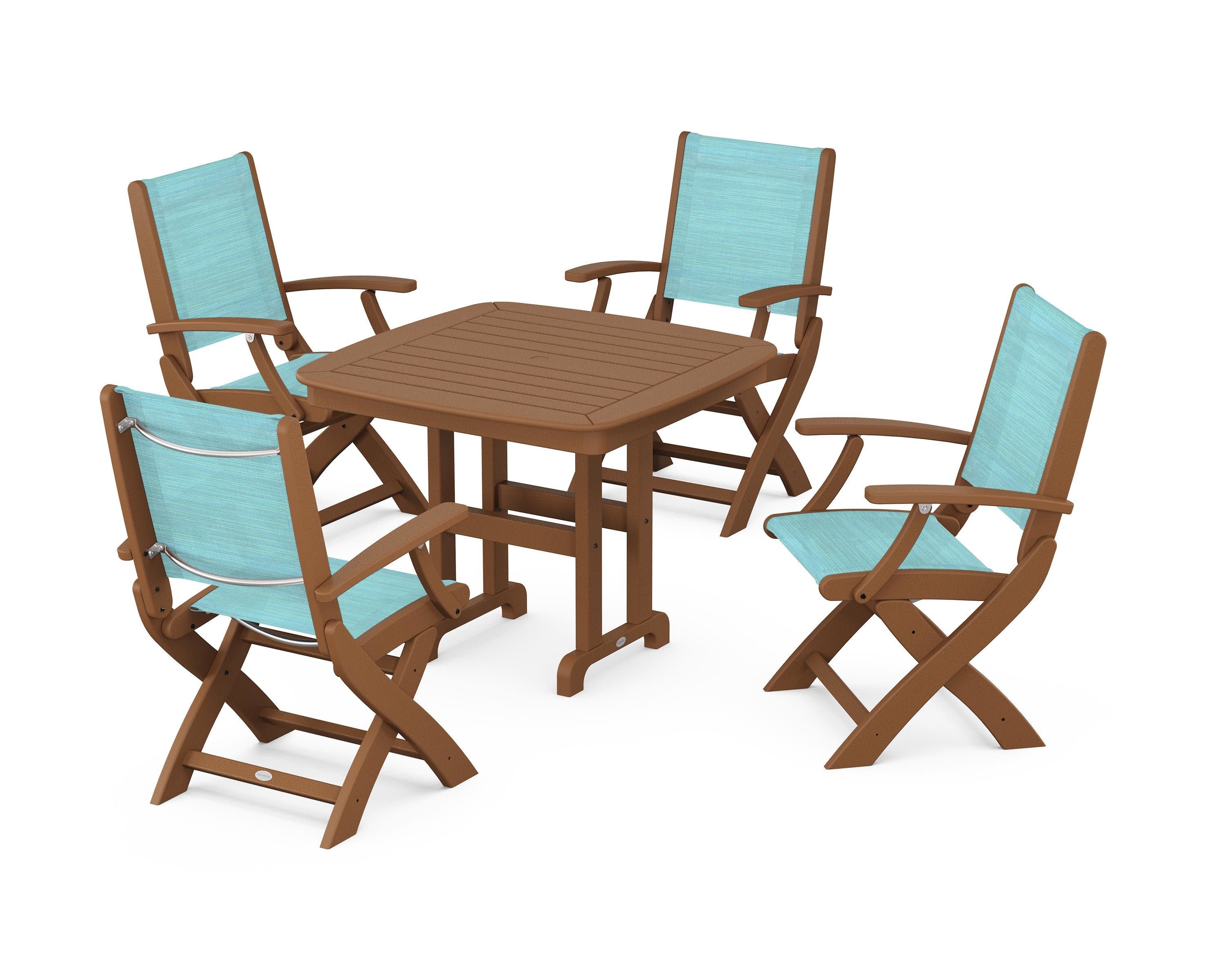 Coastal Folding Chair 5-Piece Dining Set in Teak / Dupioni Aquamarine Sling