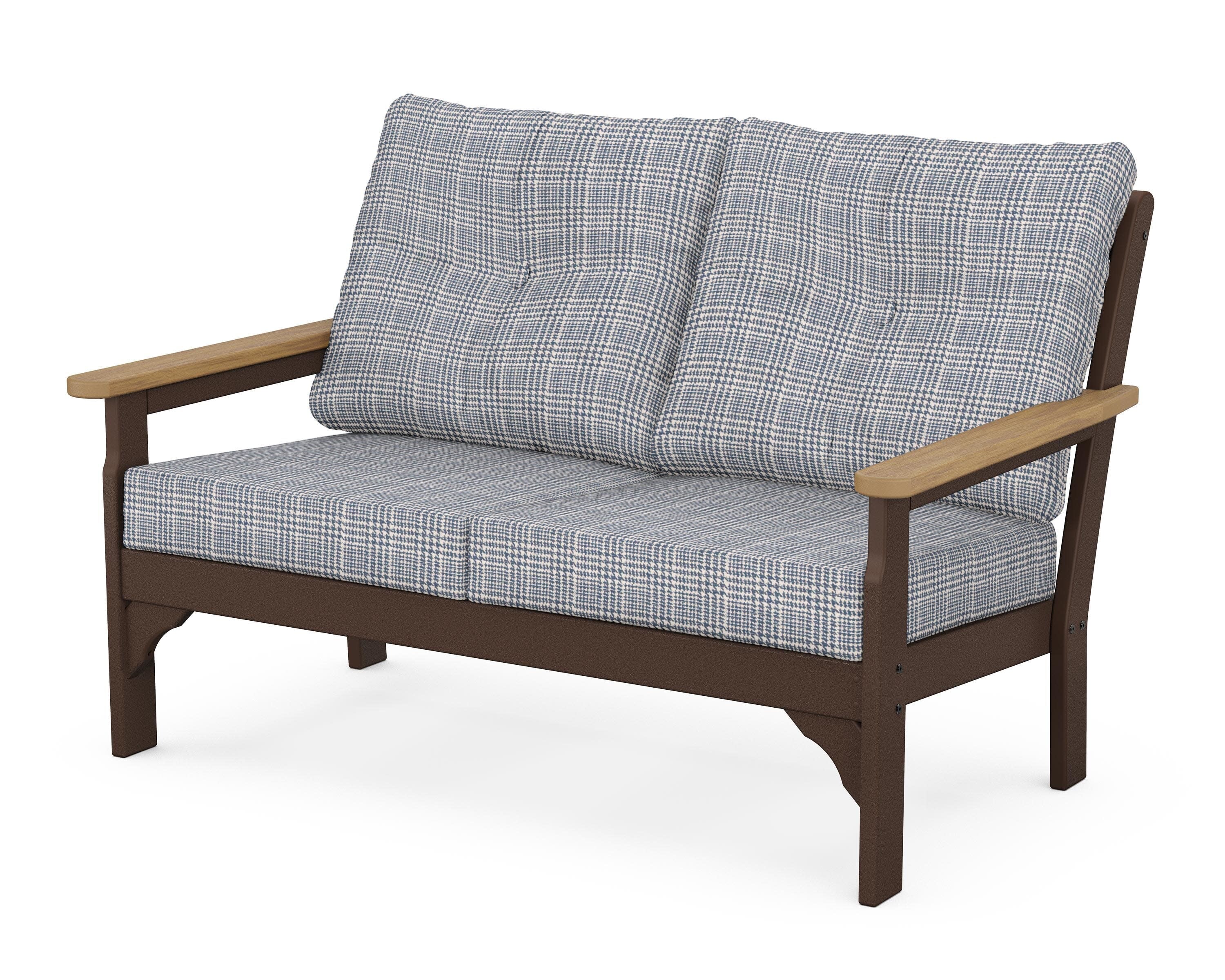 Vineyard Deep Seating Loveseat in Mahogany / Natural / Houndstooth Sky Blue