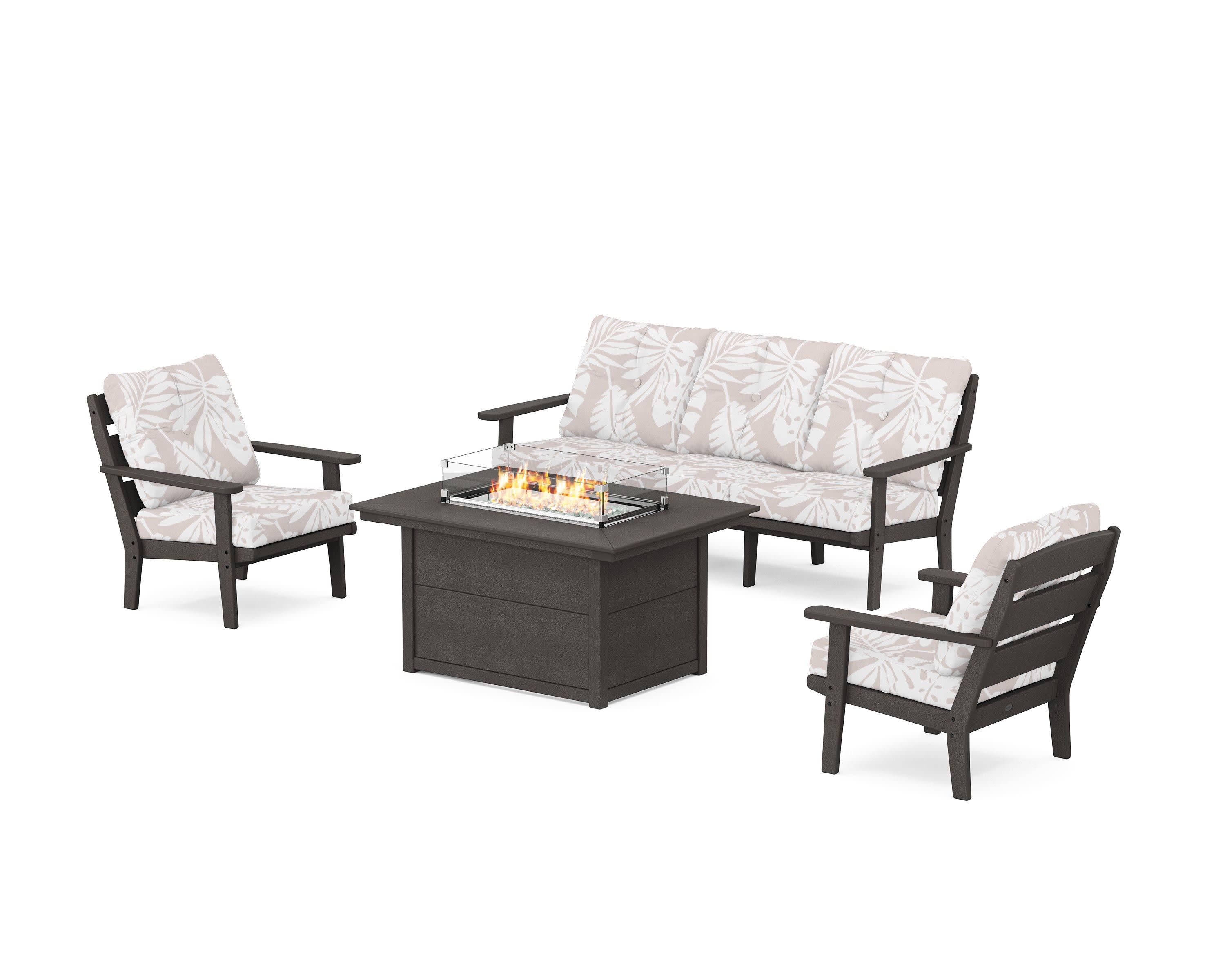 Lakeside Deep Seating Fire Pit Table Set in Vintage Coffee / Leaf Dune Burlap
