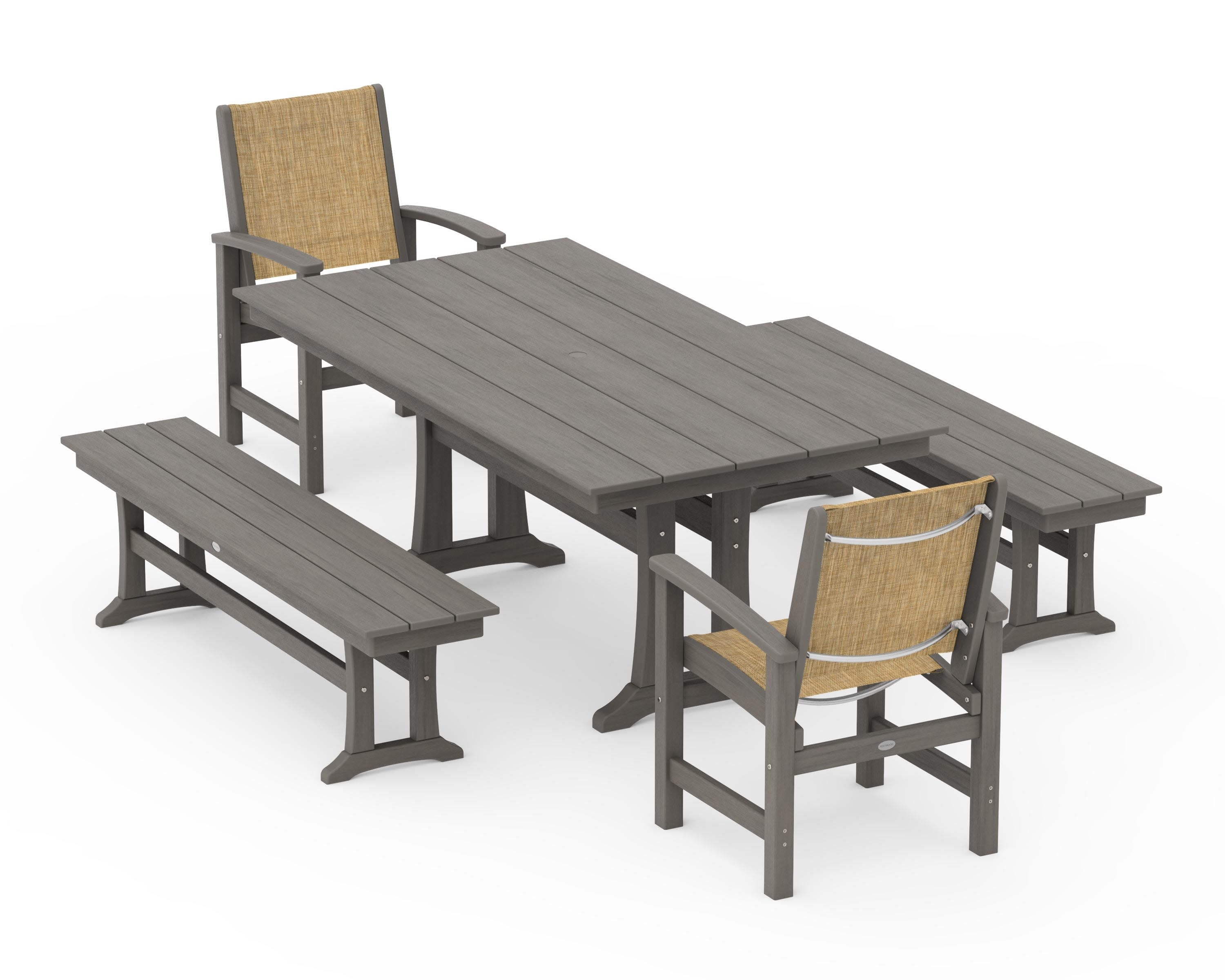Coastal 5-Piece Farmhouse Dining Set with Trestle Legs and Benches in Driftwood / Burlap Sling
