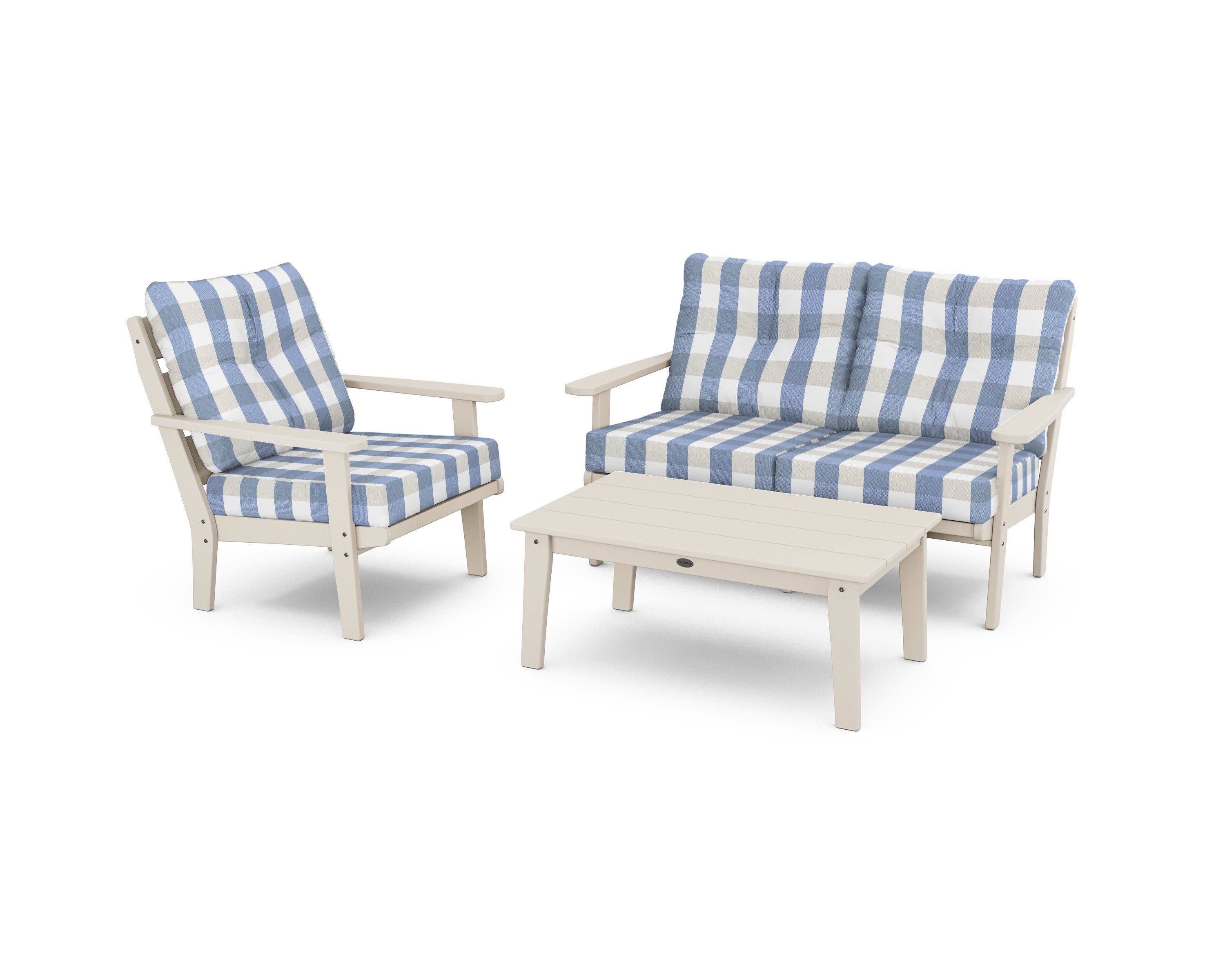 Lakeside 3-Piece Deep Seating Set in Sand / Buffalo Plaid Sky Blue