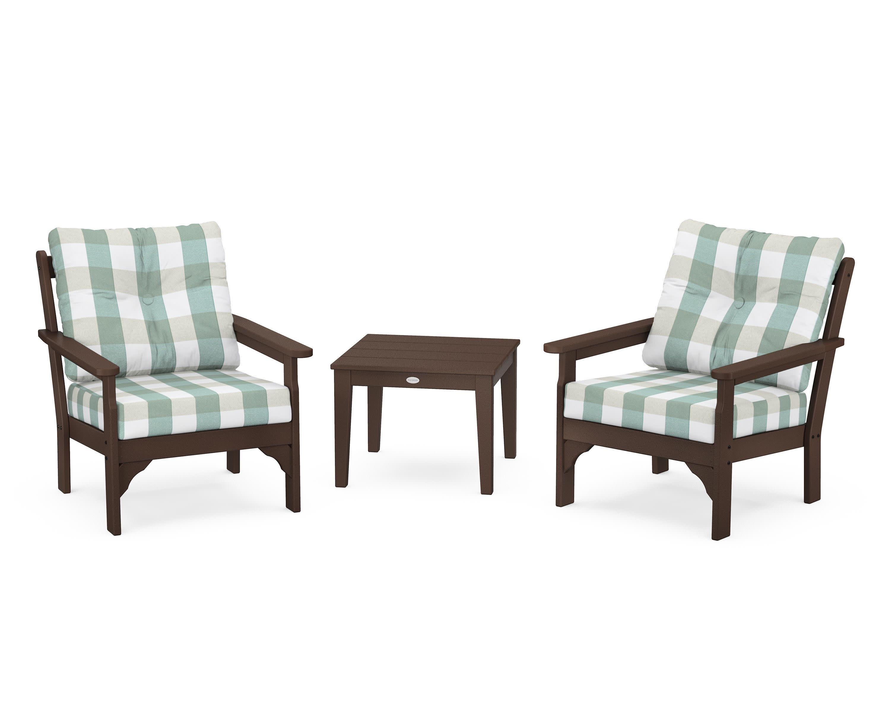 Vineyard 3-Piece Deep Seating Set in Mahogany / Buffalo Plaid Glacier Spa