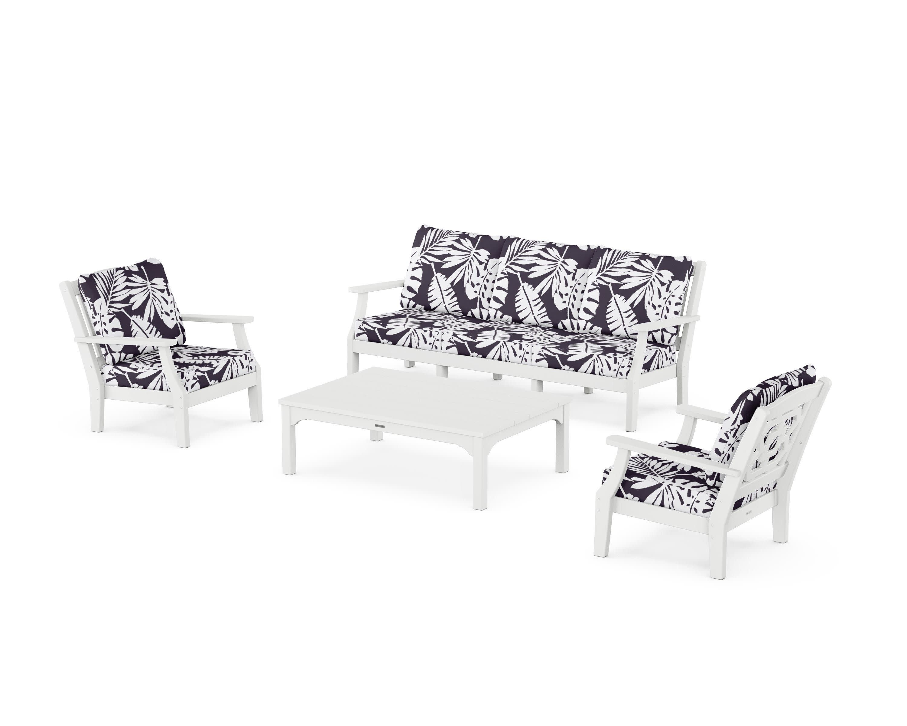Chinoiserie 4-Piece Deep Seating Set with Sofa in White / Leaf Navy