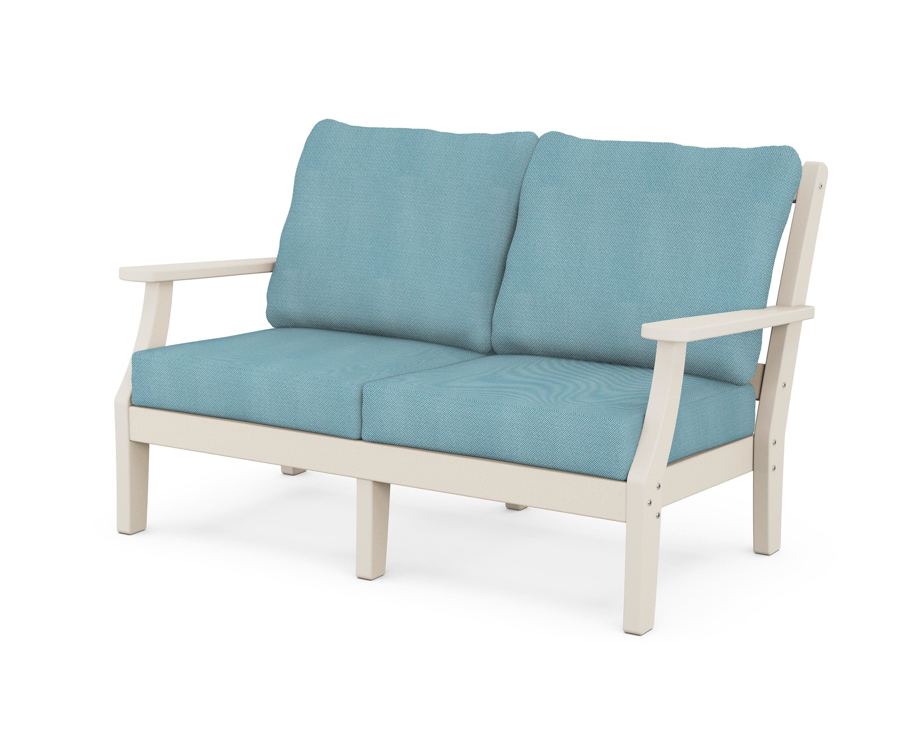 Chinoiserie Deep Seating Loveseat in Sand / Lattice Sky Blue
