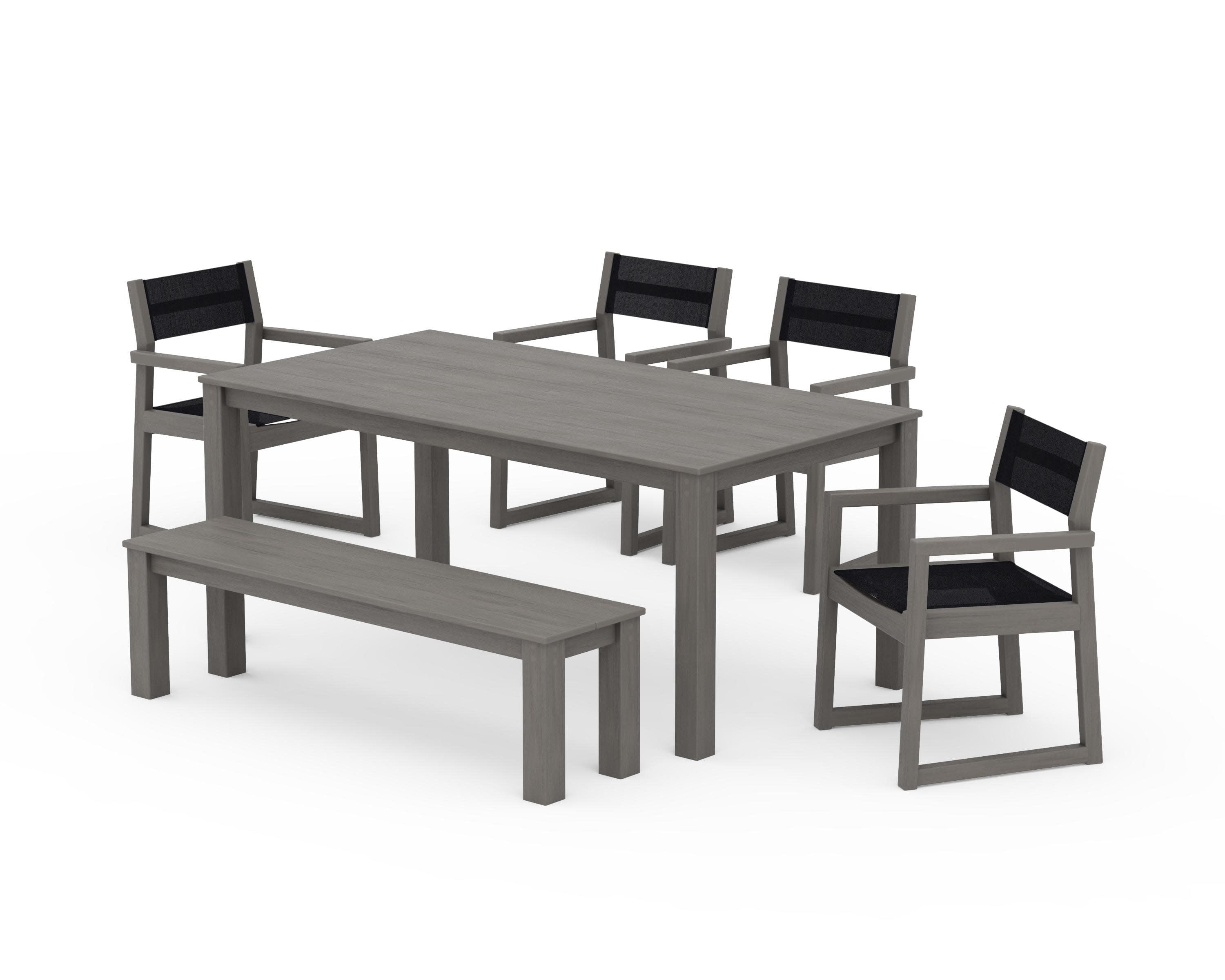 EDGE Sling Arm Chair 6-Piece Parsons Dining Set with Bench in Driftwood / Black Sling
