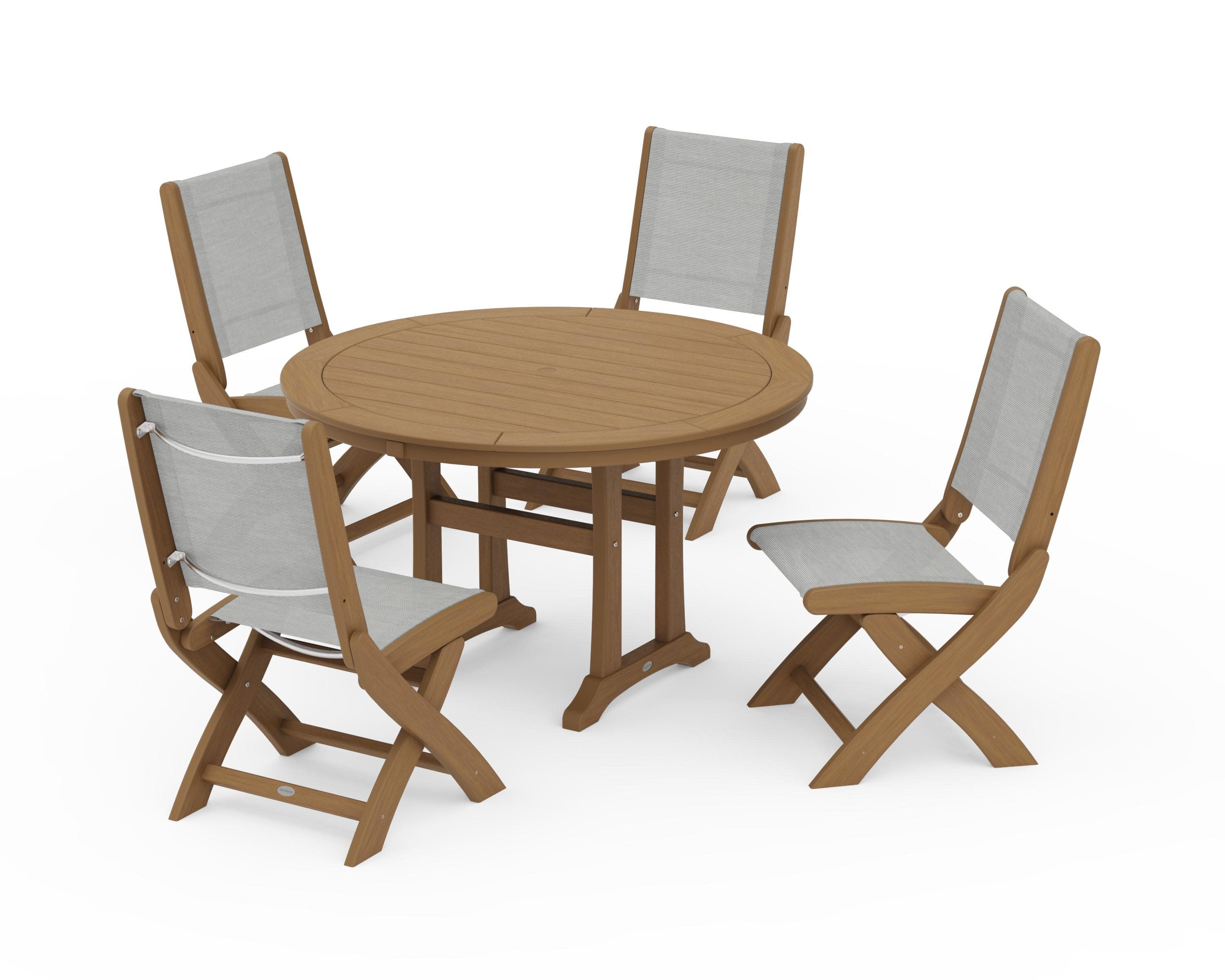 Coastal Folding Side Chair 5-Piece Round Dining Set With Trestle Legs in Natural / Metallic Sling