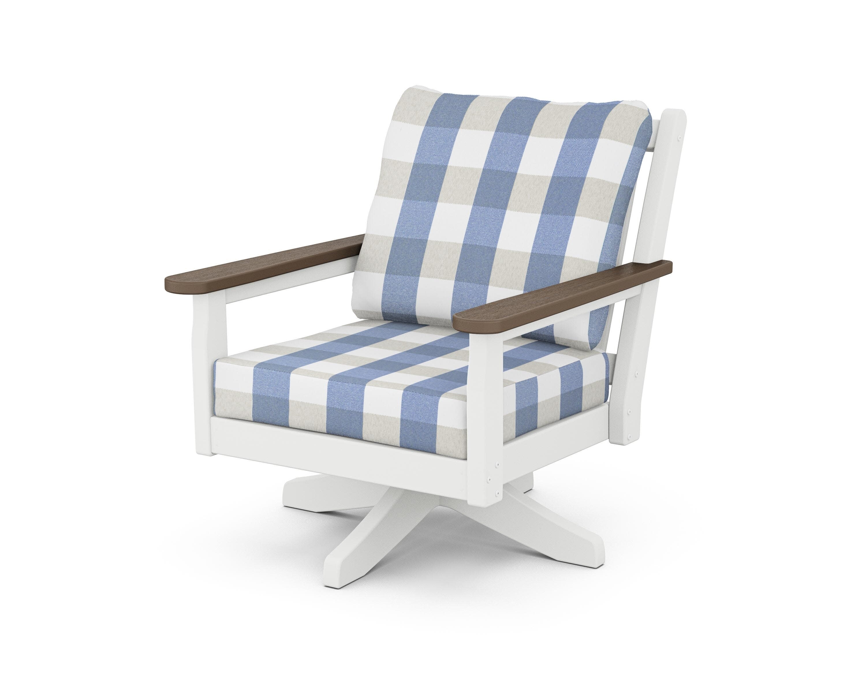 Chippendale Deep Seating Swivel Chair in White / Kona / Buffalo Plaid Sky Blue