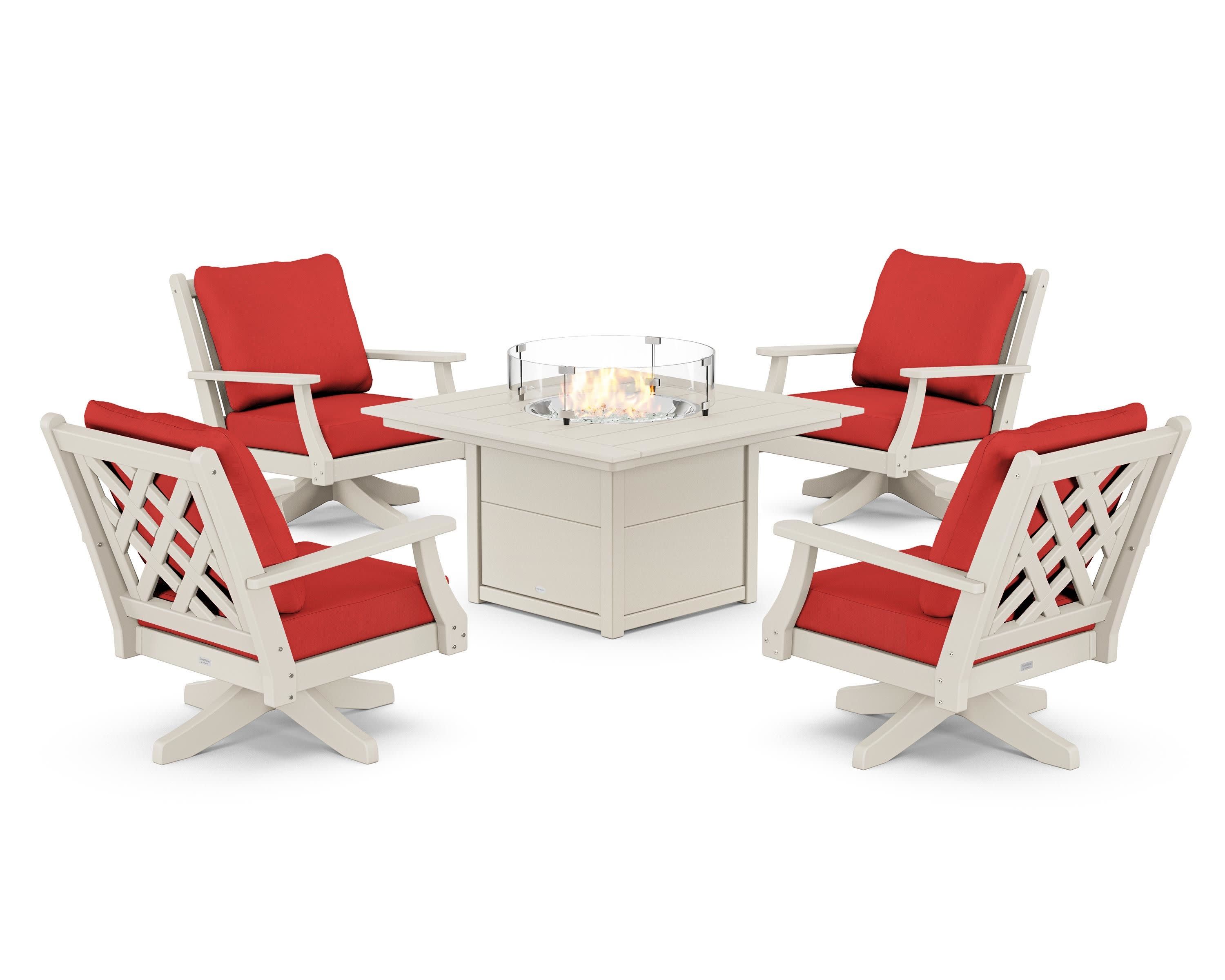Wovendale 5-Piece Deep Seating Swivel Conversation Set with Fire Pit Table in Sand / Crimson Linen