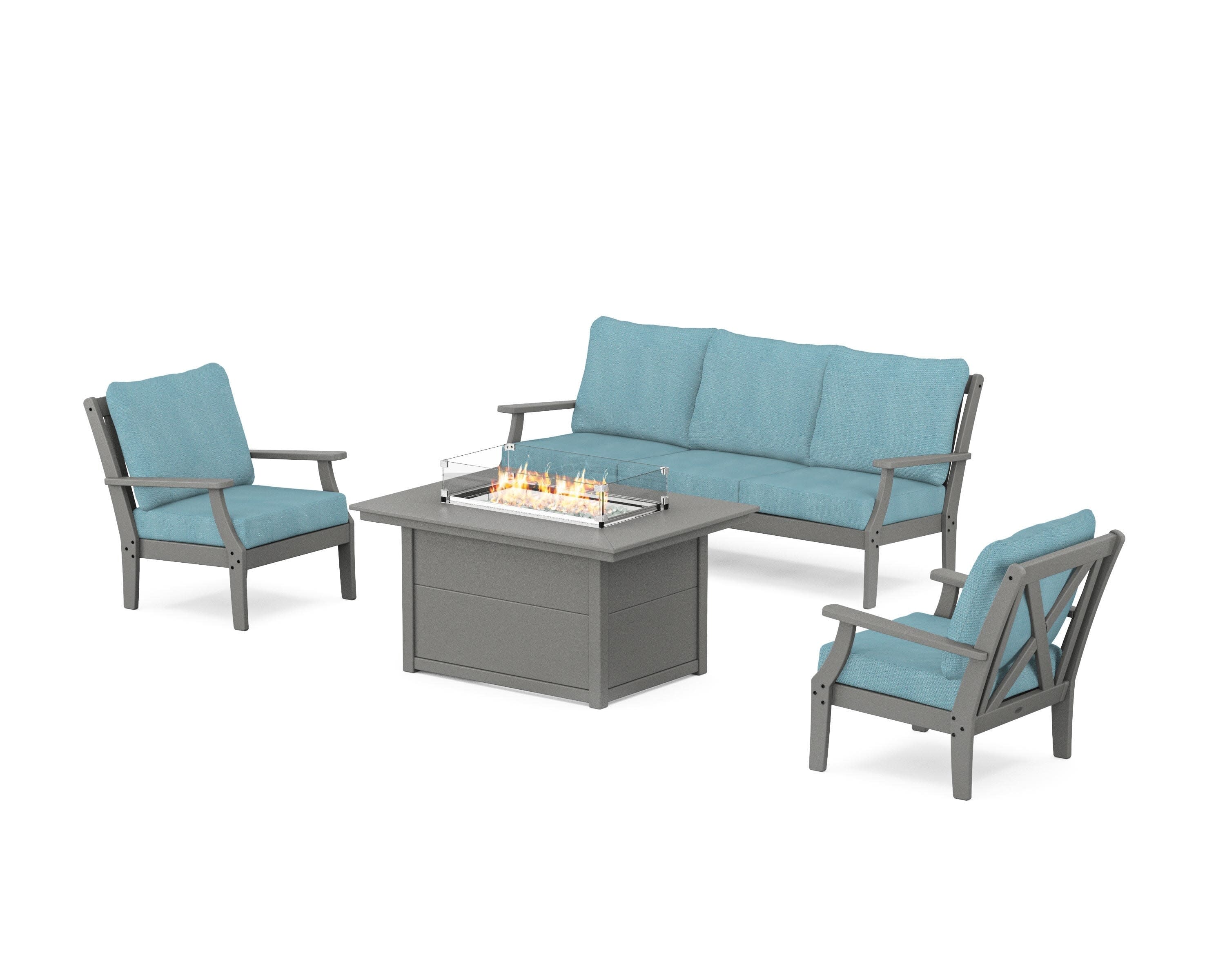 Braxton Deep Seating Fire Pit Table Set in Slate Grey / Lattice Sky Blue