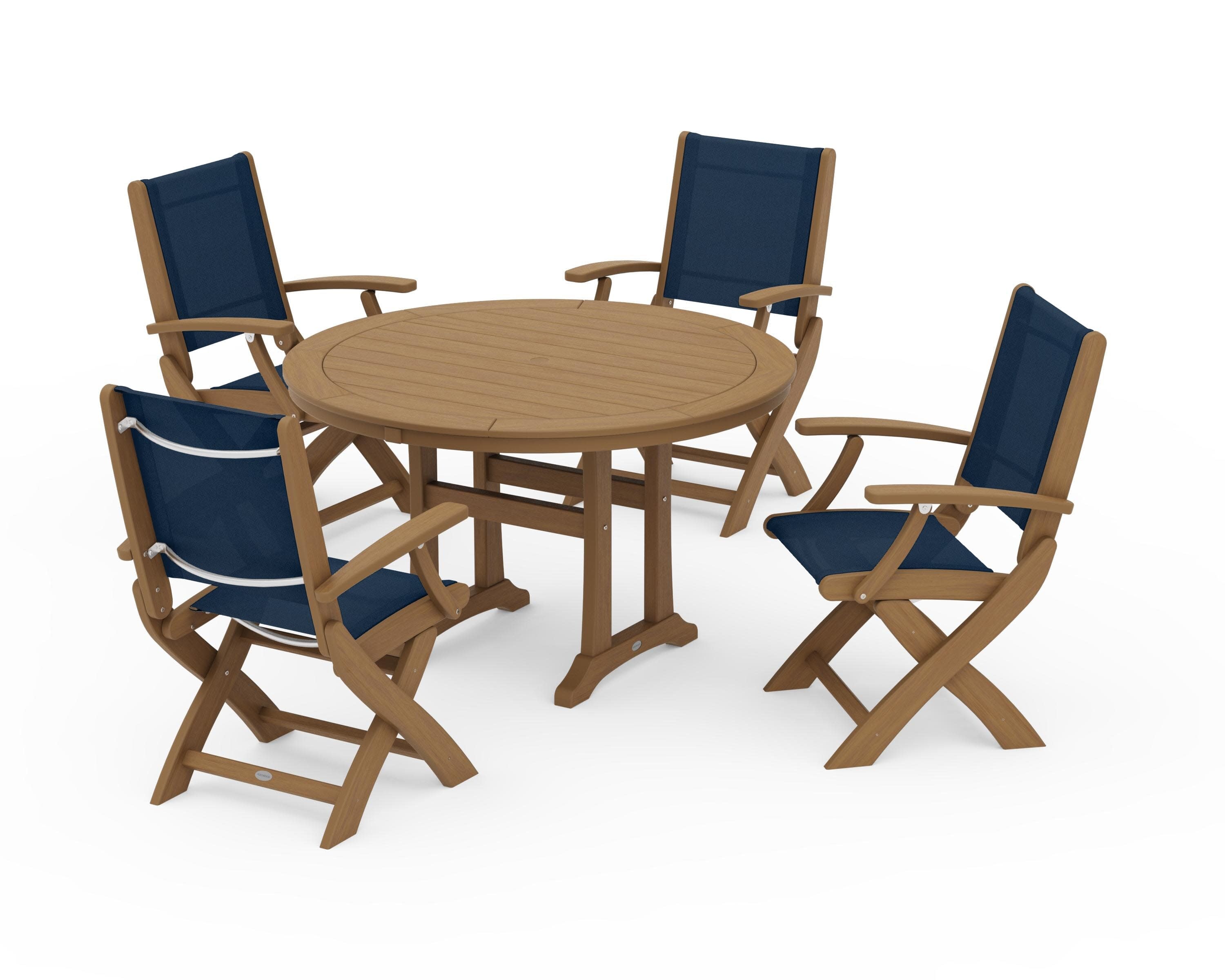 Coastal Folding Chair 5-Piece Round Dining Set with Trestle Legs in Natural / Navy Blue Sling