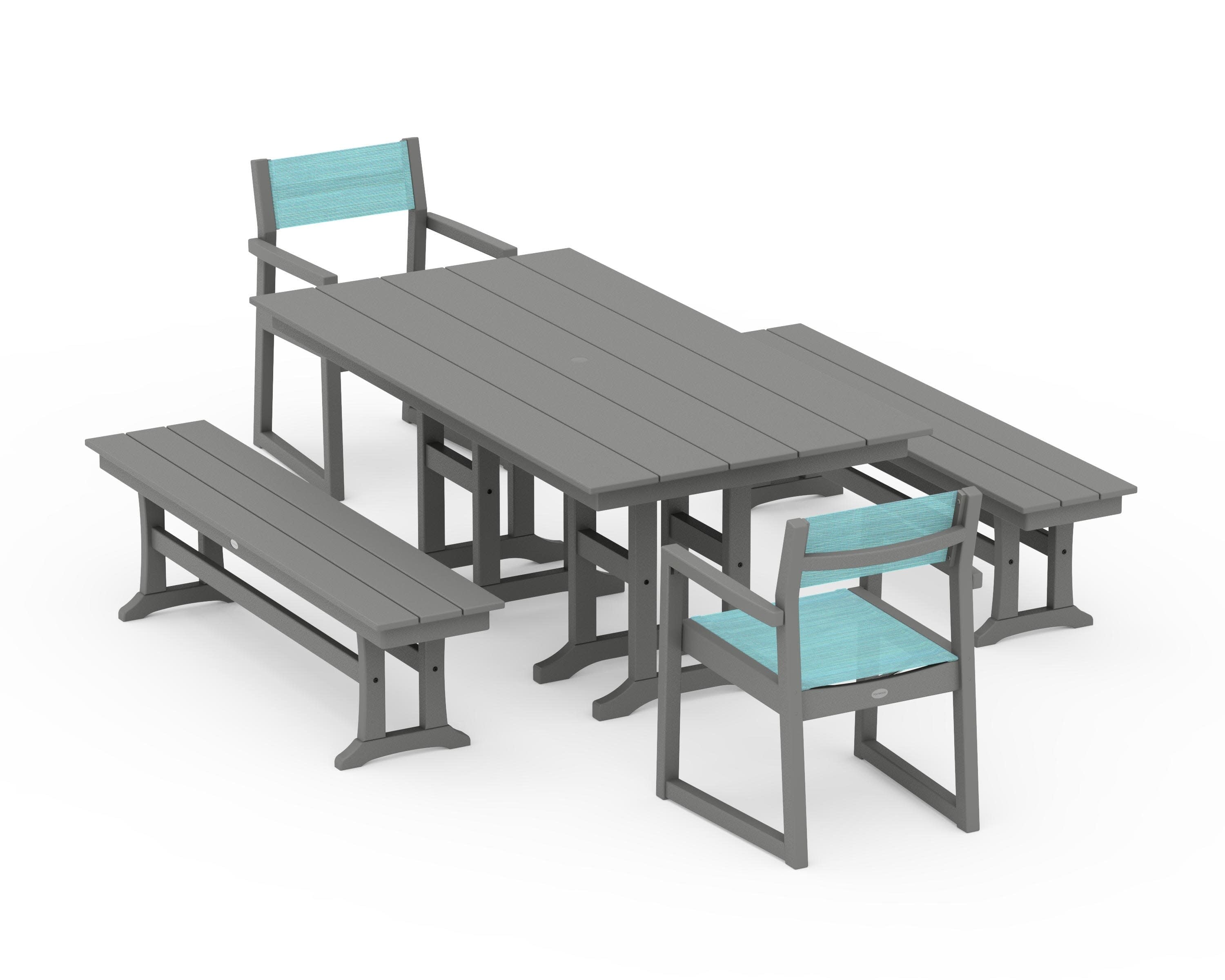 EDGE Sling Arm Chair 5-Piece Farmhouse Dining Set with Benches in Slate Grey / Dupioni Aquamarine Sling