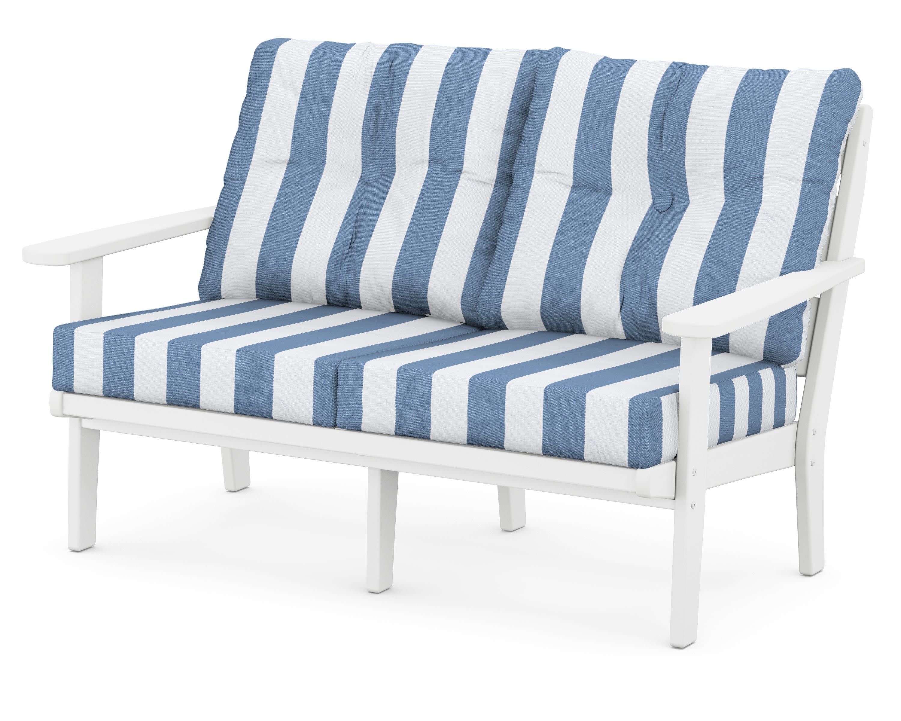 Lakeside Deep Seating Loveseat in White / Cabana Stripe Sky Blue