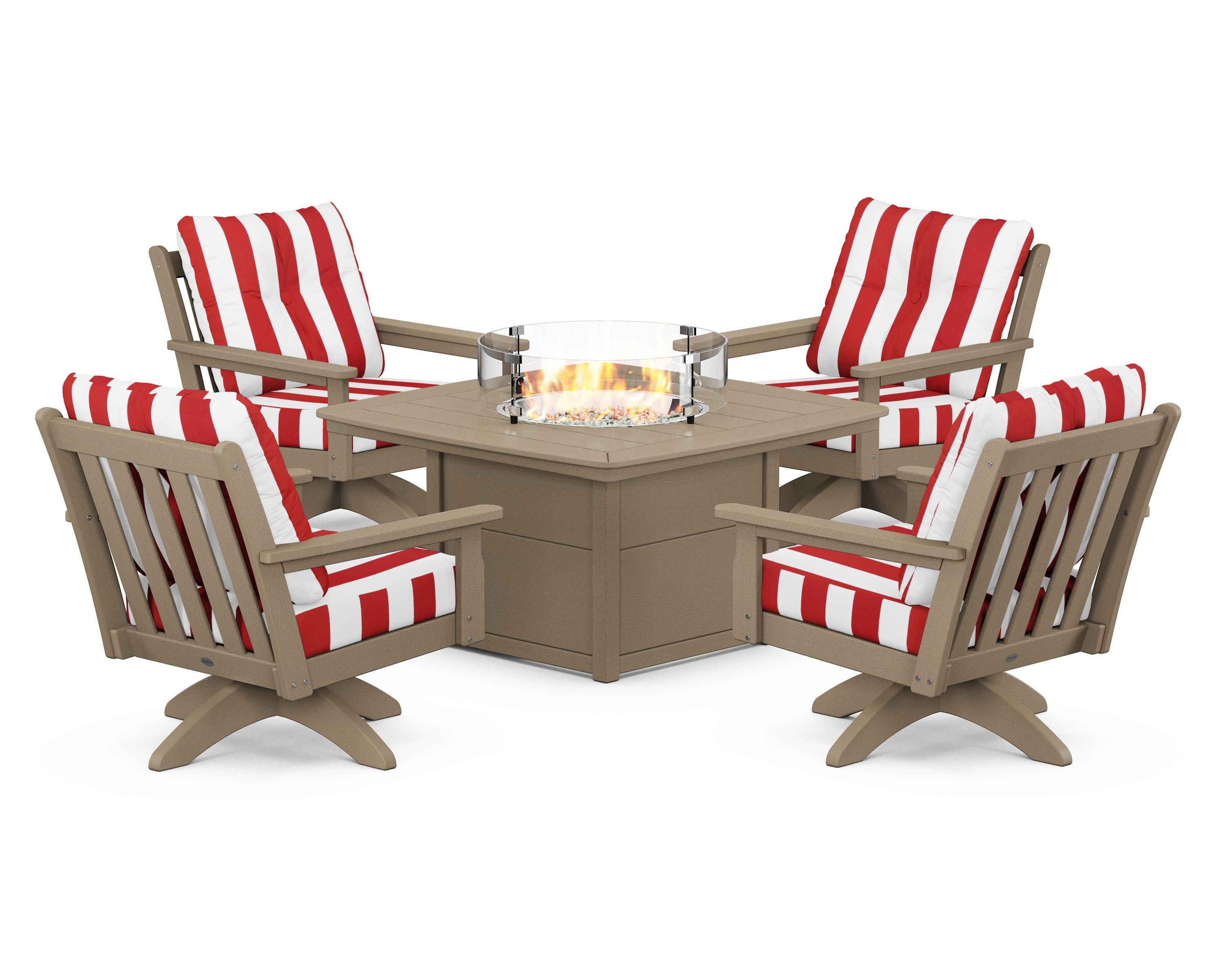 Vineyard 5-Piece Deep Seating Swivel Conversation Set with Fire Pit Table in Vintage Sahara / Cabana Stripe Crimson