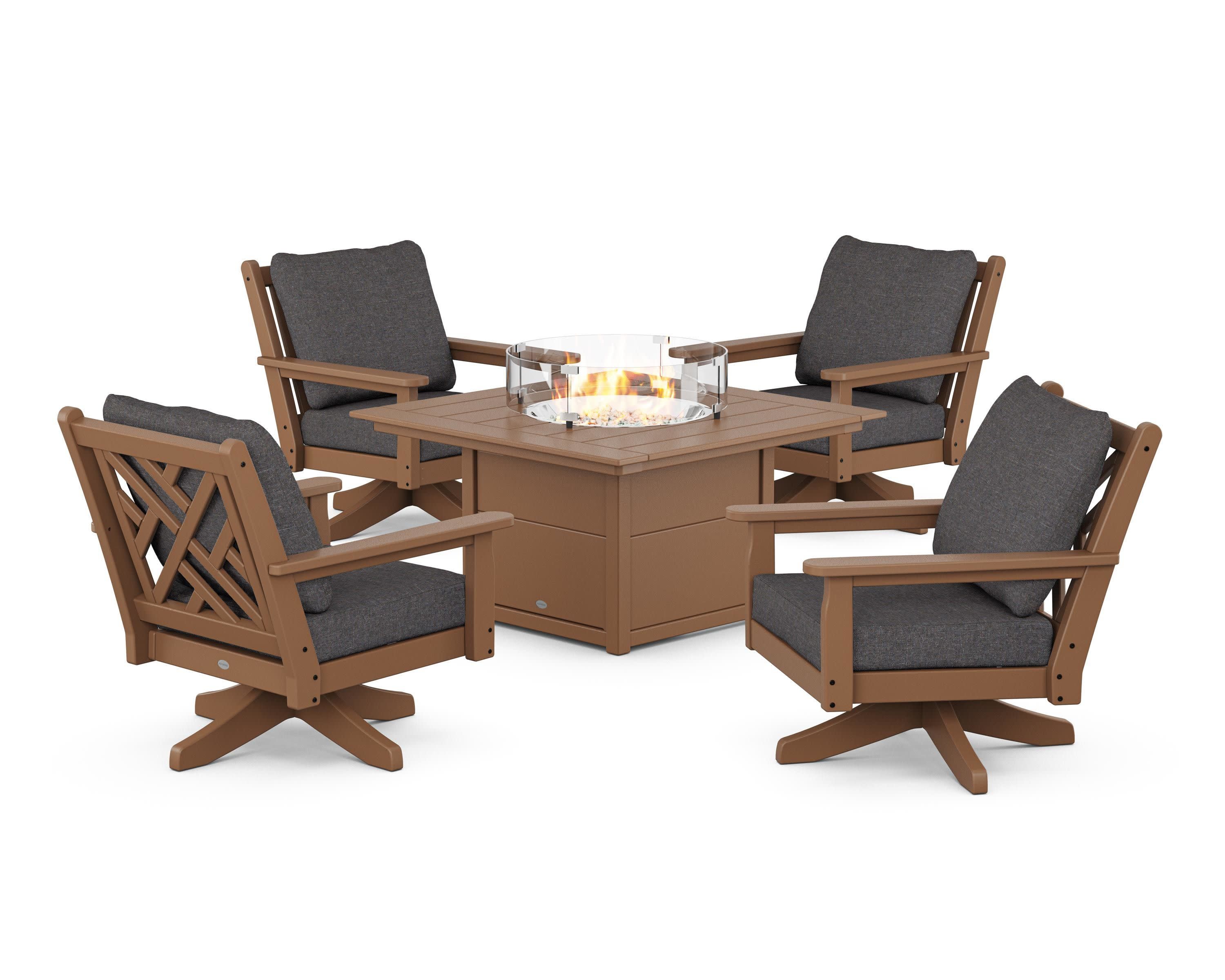 Chippendale 5-Piece Deep Seating Swivel Conversation Set with Fire Pit Table in Teak / Ash Charcoal