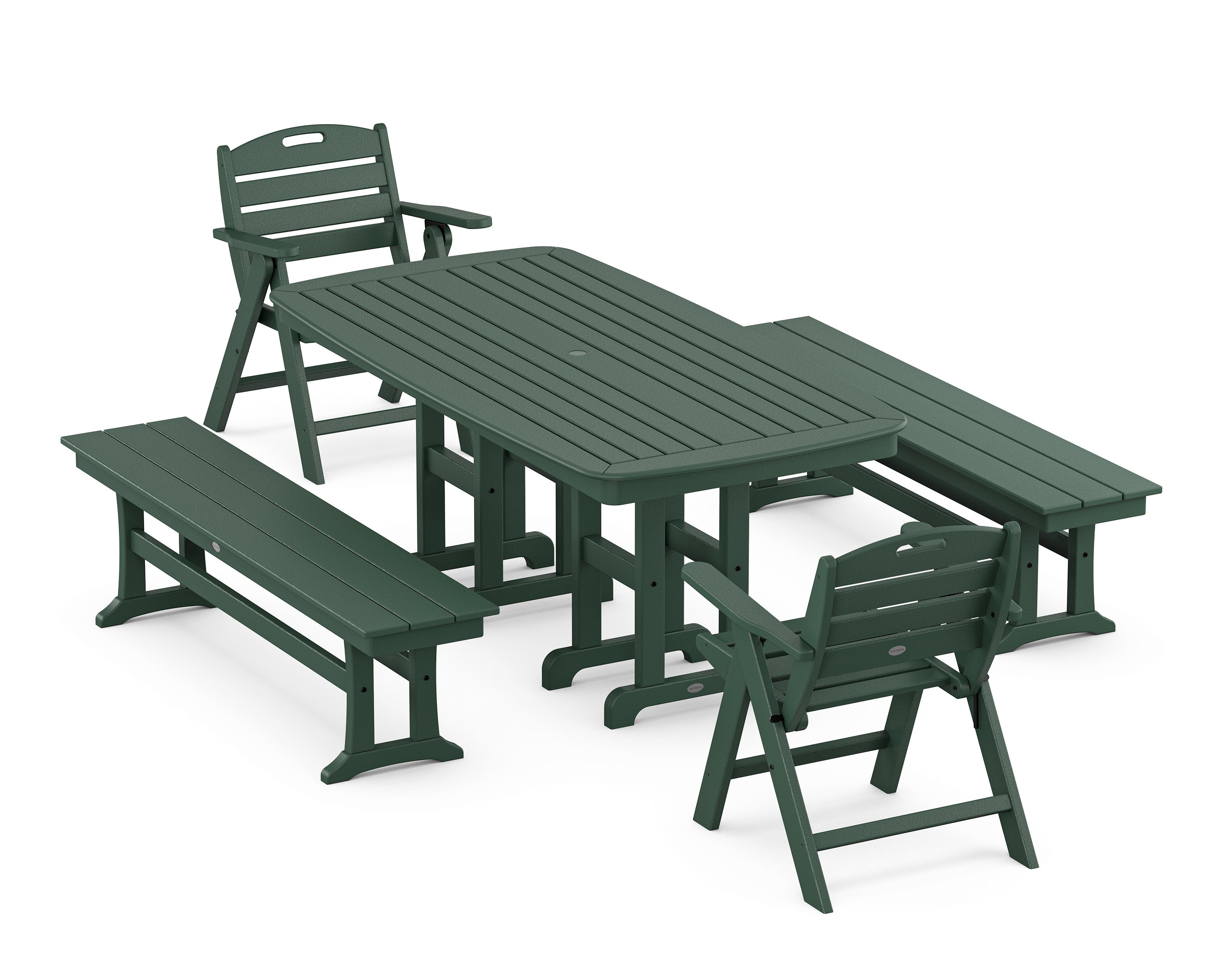 Nautical Lowback 5-Piece Dining Set with Benches in Green
