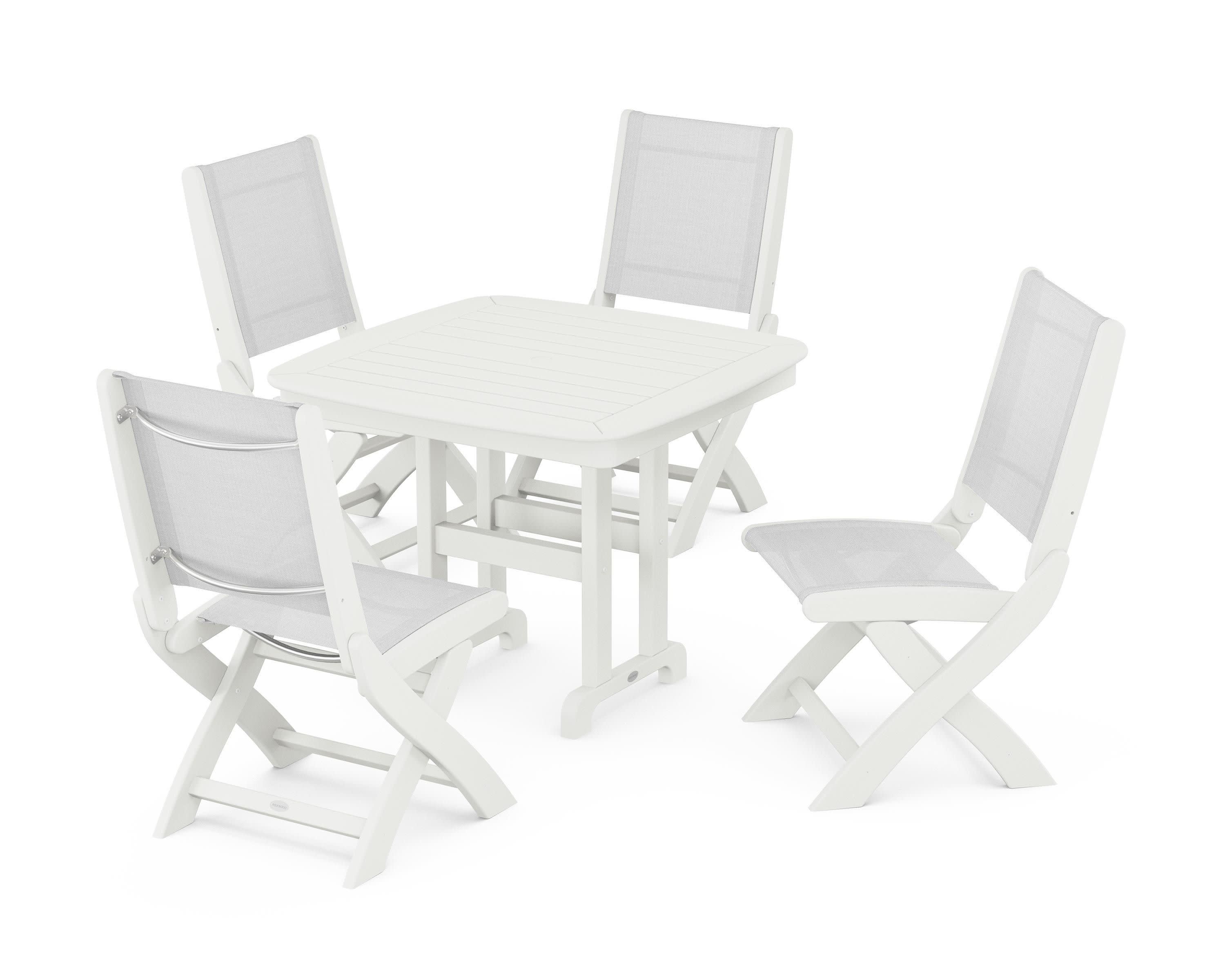Coastal Folding Side Chair 5-Piece Dining Set in Vintage White / White Sling