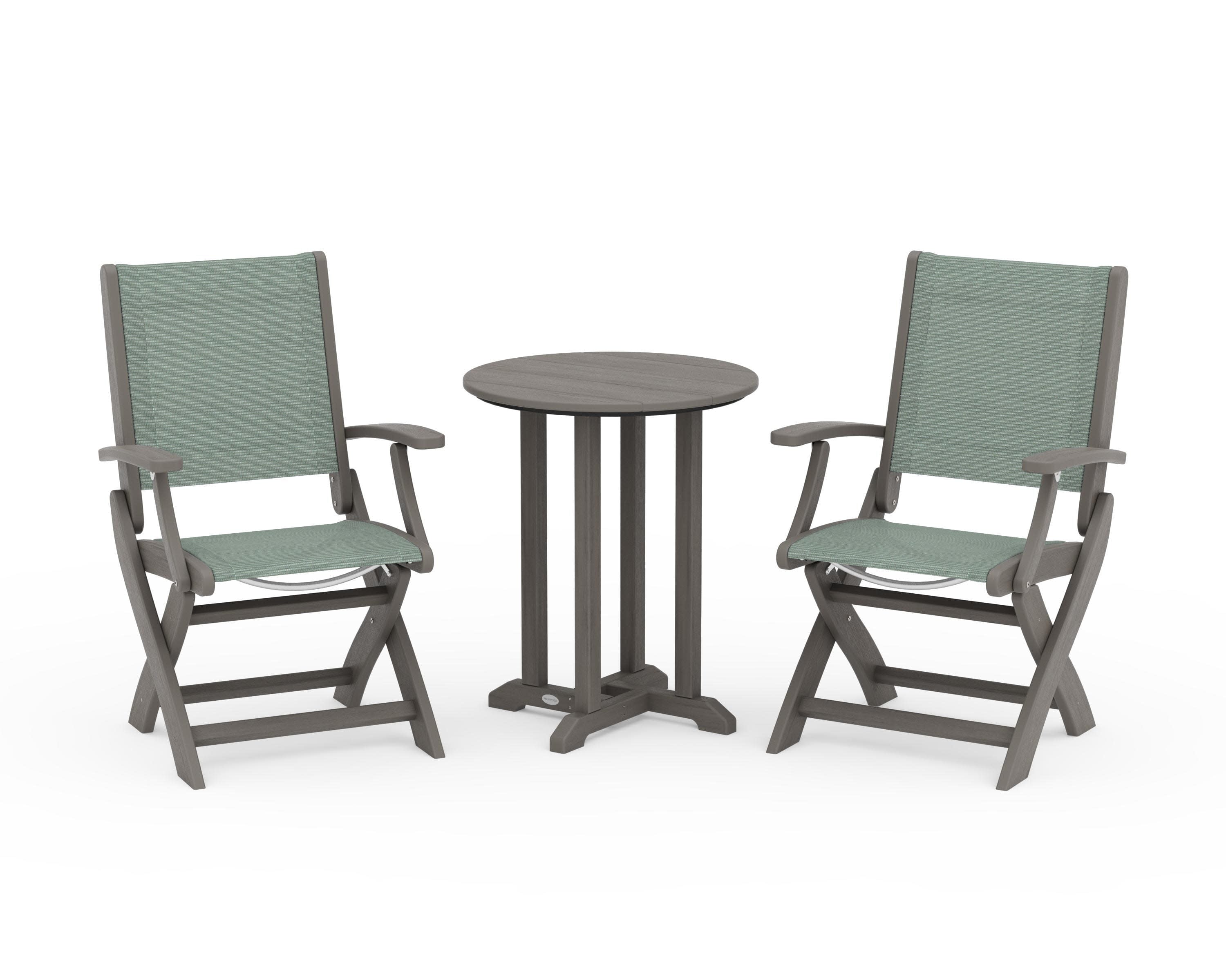 Coastal Folding 3-Piece Round Bistro Dining Set in Driftwood / Dupioni Sea Mist Sling