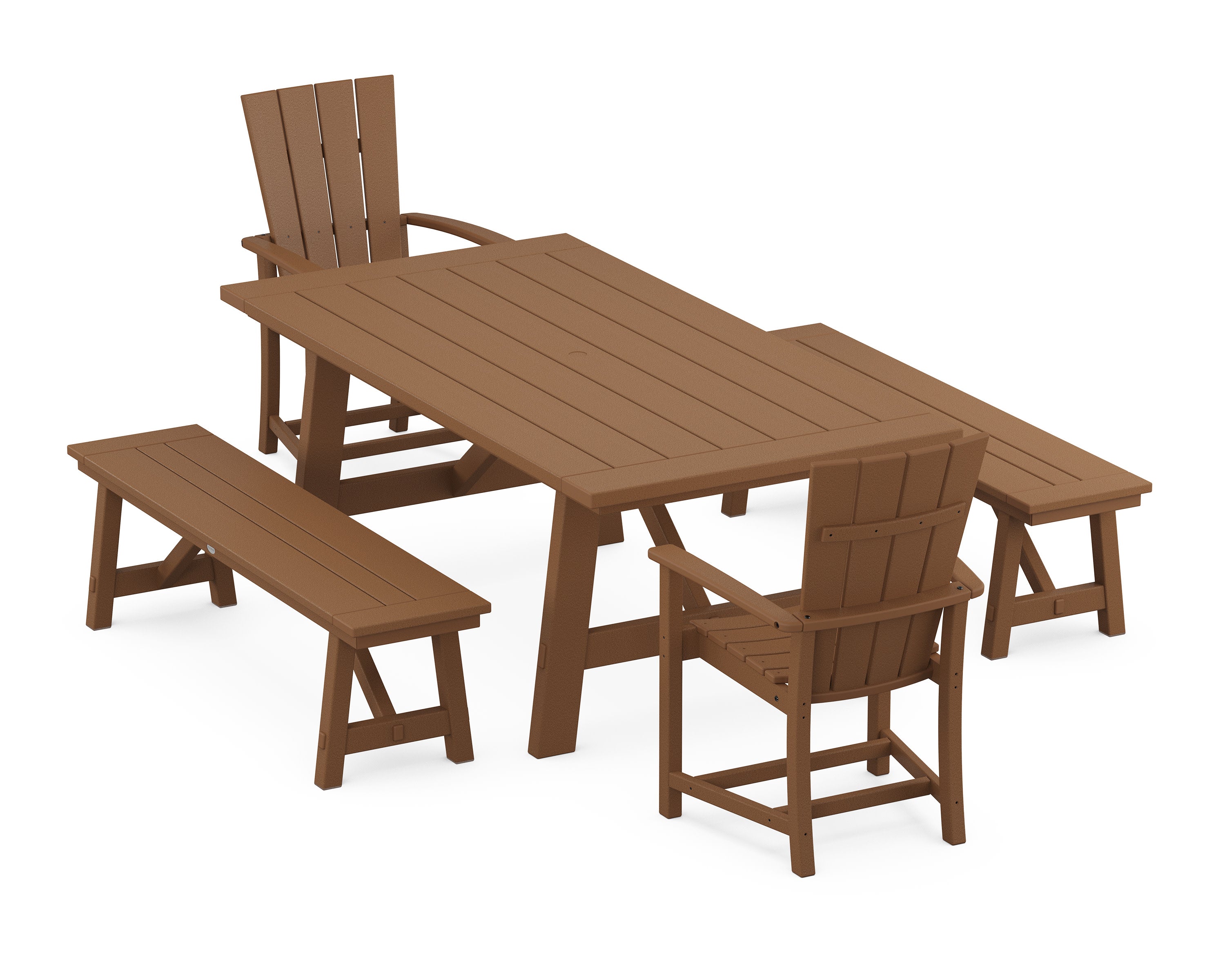 Quattro 5-Piece Rustic Farmhouse Dining Set With Benches in Teak