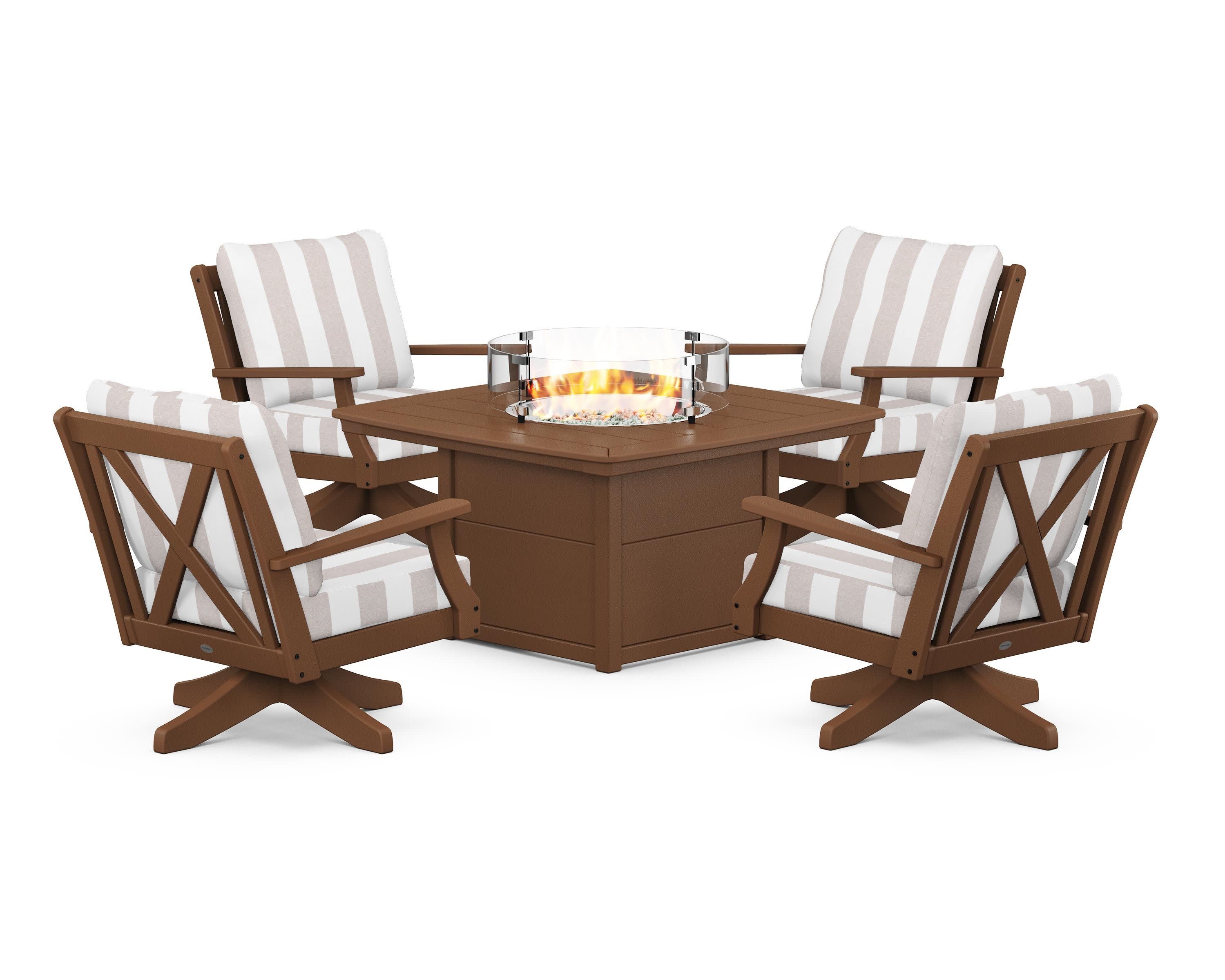 Braxton 5-Piece Deep Seating Swivel Conversation Set with Fire Pit Table in Teak / Cabana Stripe Dune Burlap