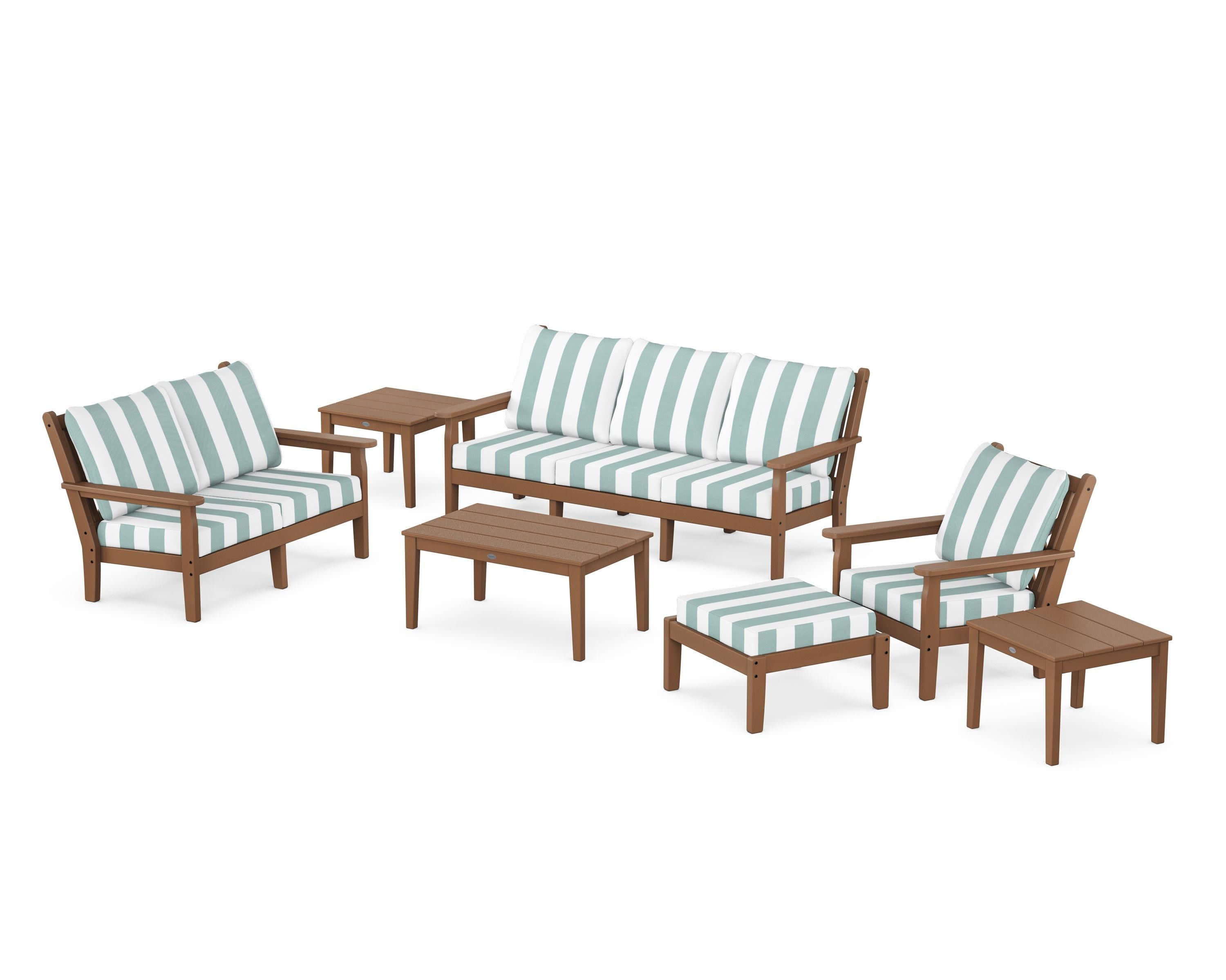 Chippendale 7-Piece Deep Seating Set in Teak / Cabana Stripe Glacier Spa