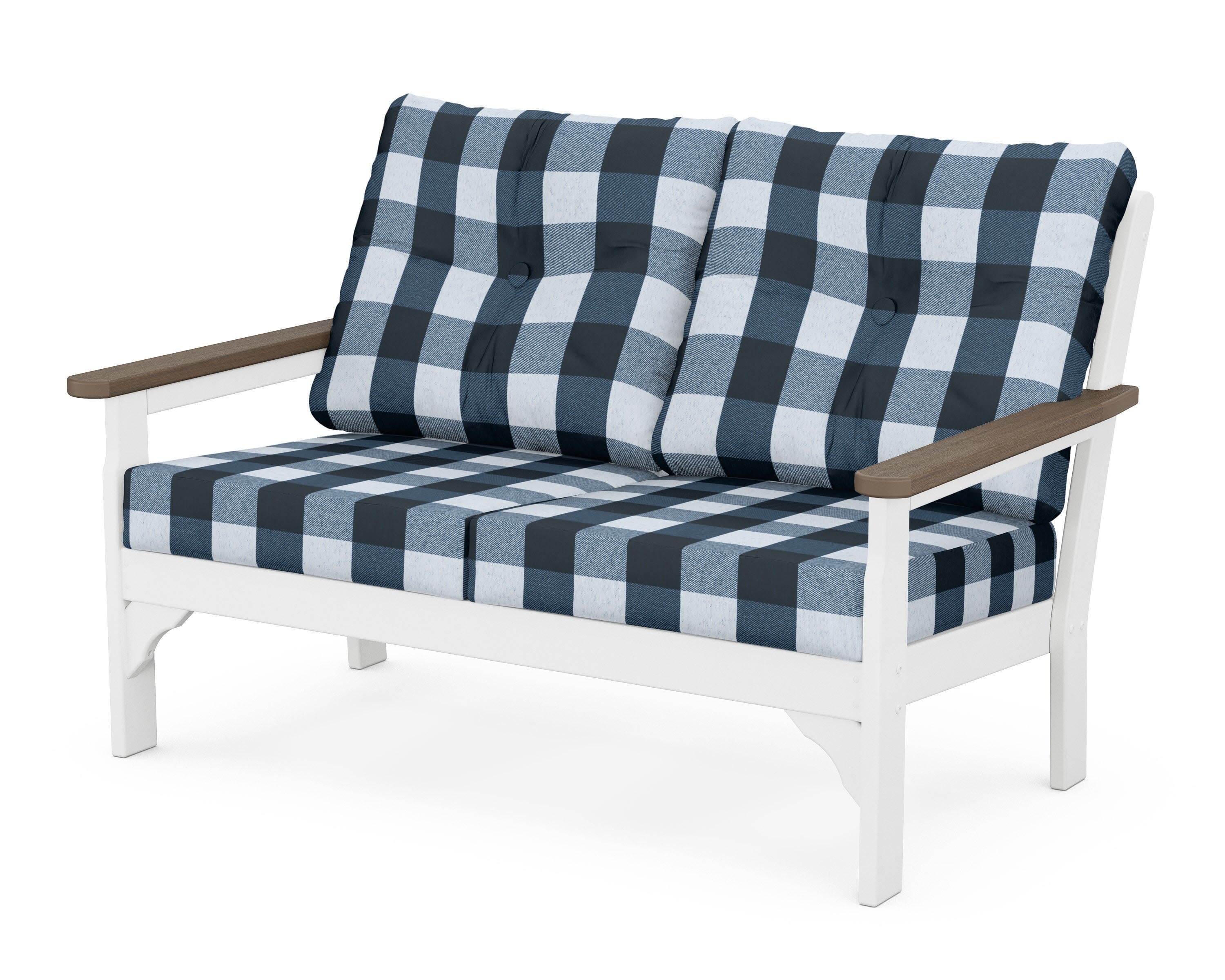 Vineyard Deep Seating Loveseat in White / Kona / Buffalo Plaid Marine Indigo