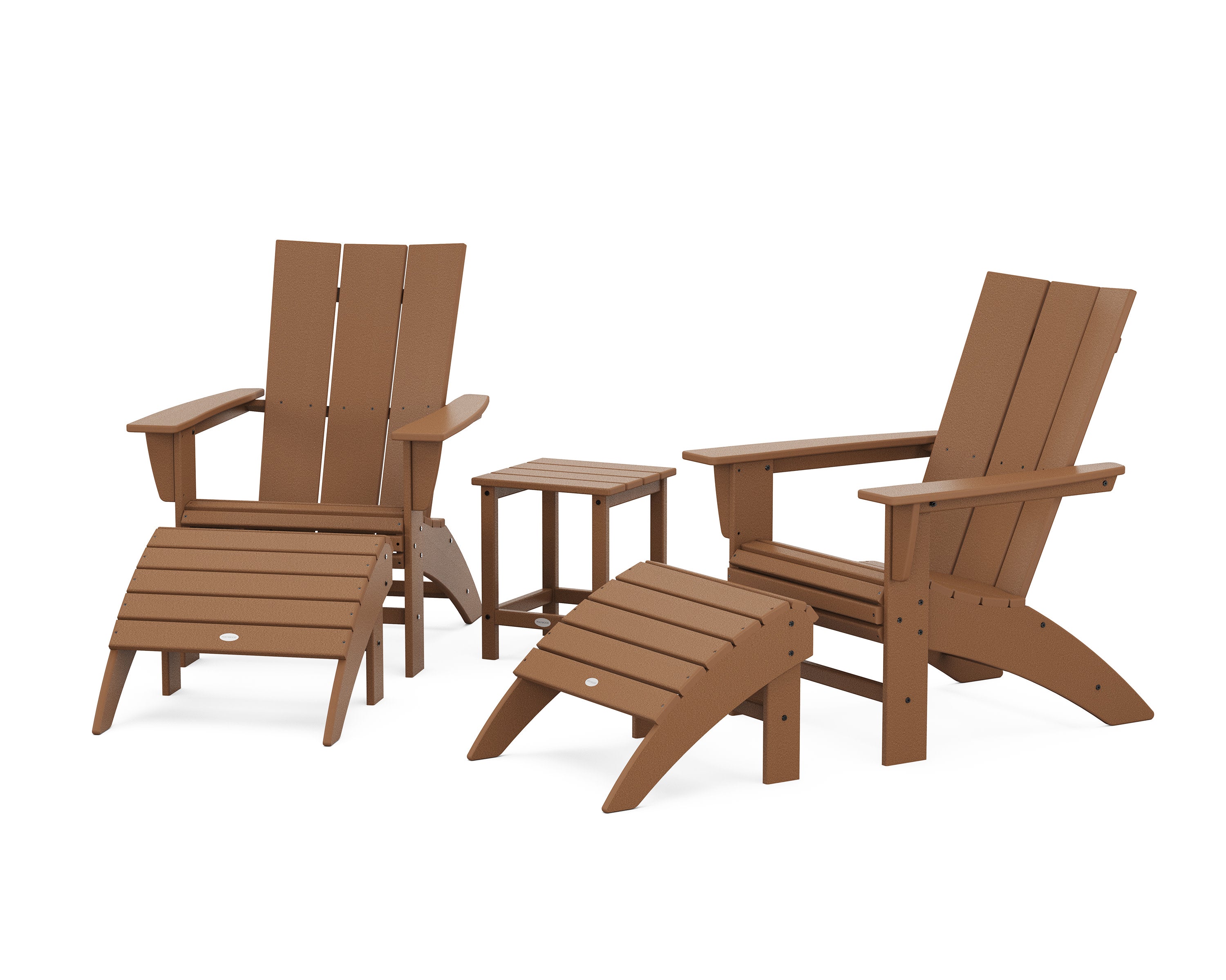 Modern Curveback Adirondack Chair 5-Piece Set with Ottomans and 18" Side Table in Teak