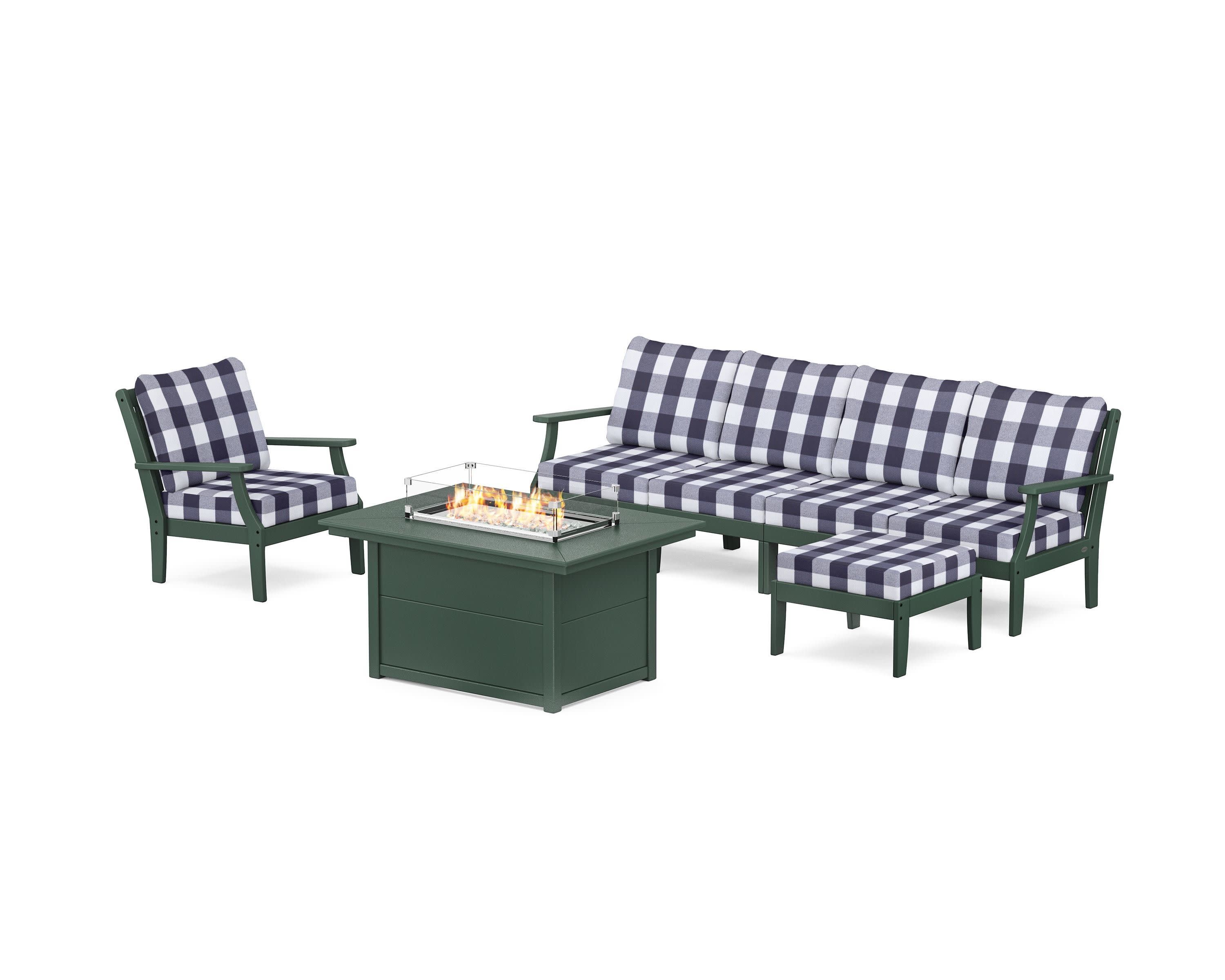 Braxton Sectional Lounge and Fire Pit Set in Green / Buffalo Plaid Navy